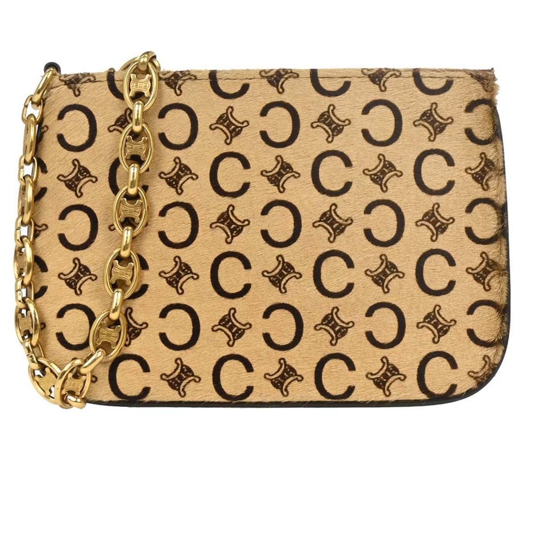 CELINE Macadam Pony Hair Shoulder Bag in Beige: CELINE Macadam Pony Hair Shoulder Bag in Beige Celine C Macadam handbag in beige pony hair and leather with logo accents and a shoulder strap. This small handbag is made in Italy and shows visible wea