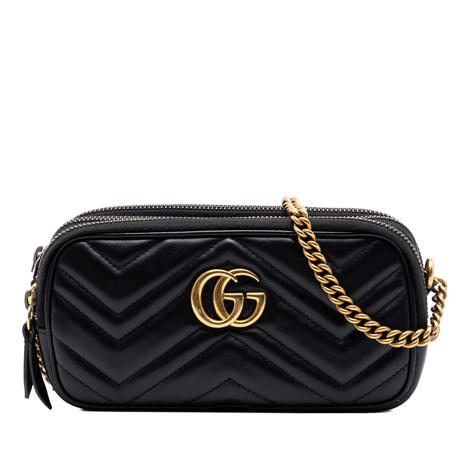 Gucci GG Marmont Mini Triple Zip Leather Crossbody Bag: Gucci GG Marmont Mini Triple Zip Leather Crossbody Bag Gucci Mini GG Marmont Matelasse Leather Triple Zip Crossbody in black quilted leather. This crossbody bag features a gold-tone chain strap, tripl