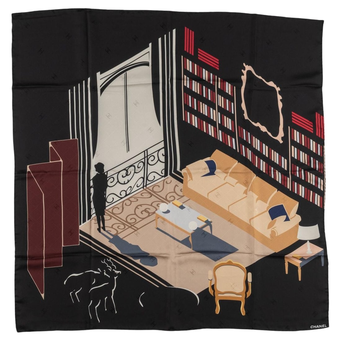 Chanel silk scarf with interlocking CC logo: Chanel silk scarf with interlocking CC logo This Chanel Coco's Apt Interlocking CC Scarf is crafted from 100% silk in black, featuring the iconic interlocking CC logo and elegant scalloped edges. Made
