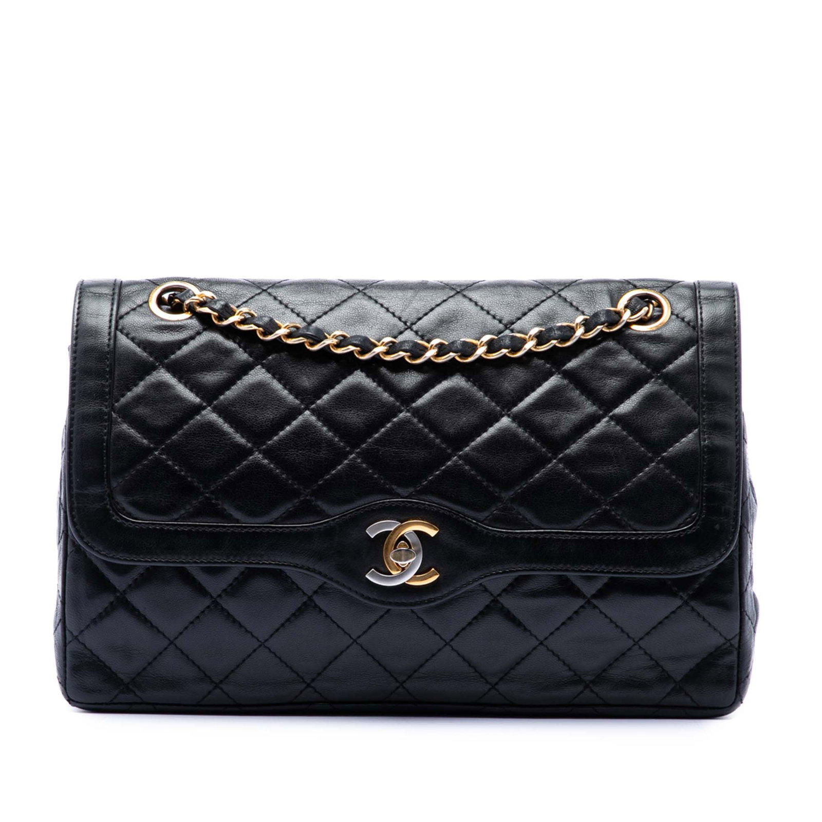 Chanel Paris Double Flap Shoulder Bag Quilted Lambskin Black: Chanel Paris Double Flap Shoulder Bag Quilted Lambskin Black Limited Edition Paris Double Flap shoulder bag crafted in black quilted lambskin leather. This bag features leather-woven chain link should