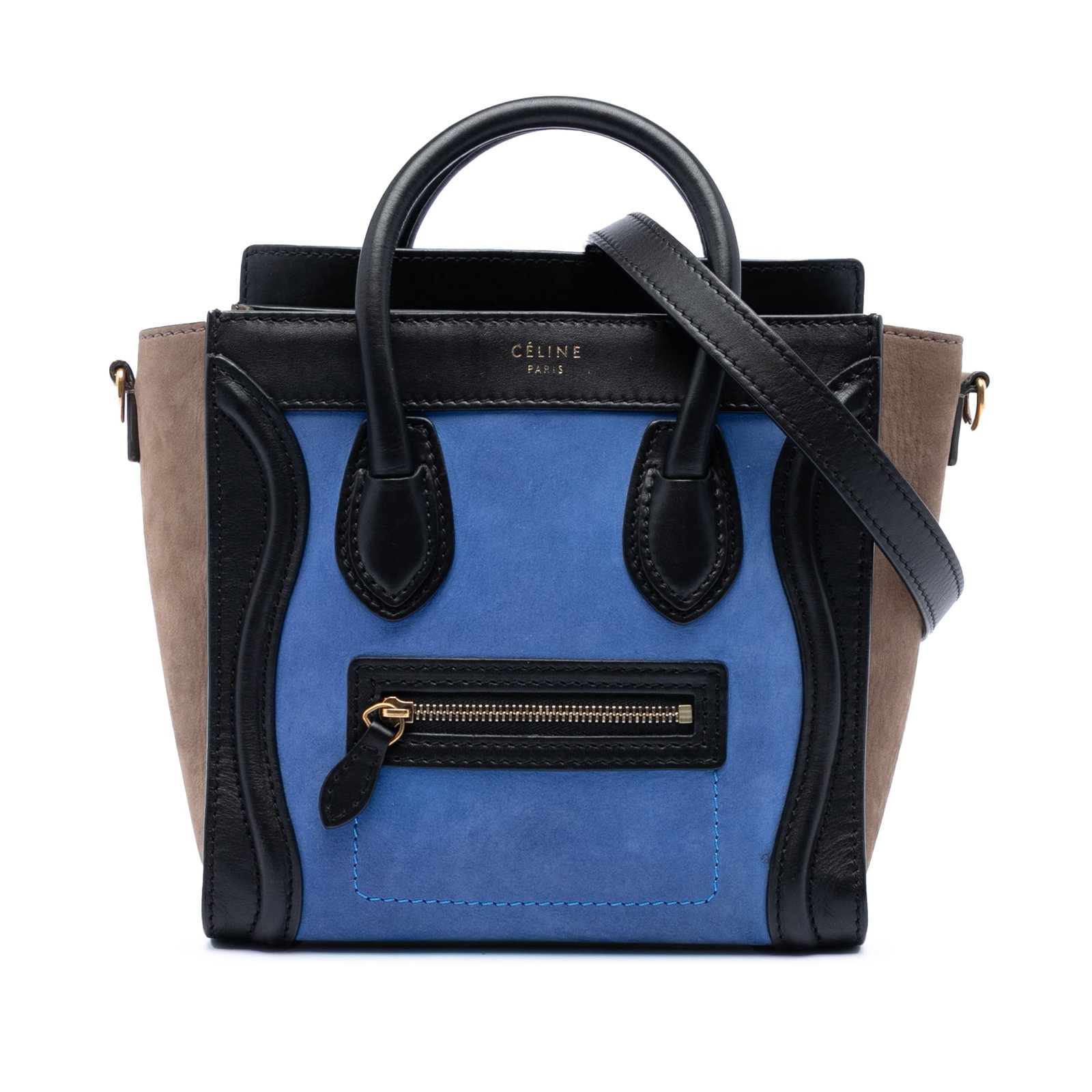 Celine Nano Tricolor Leather Luggage Tote Blue: Celine Nano Tricolor Leather Luggage Tote Blue This Celine Nano Tricolor Nubuck and Calfskin Luggage Tote showcases a sophisticated design with a leather body, rolled leather handles, and a detachable