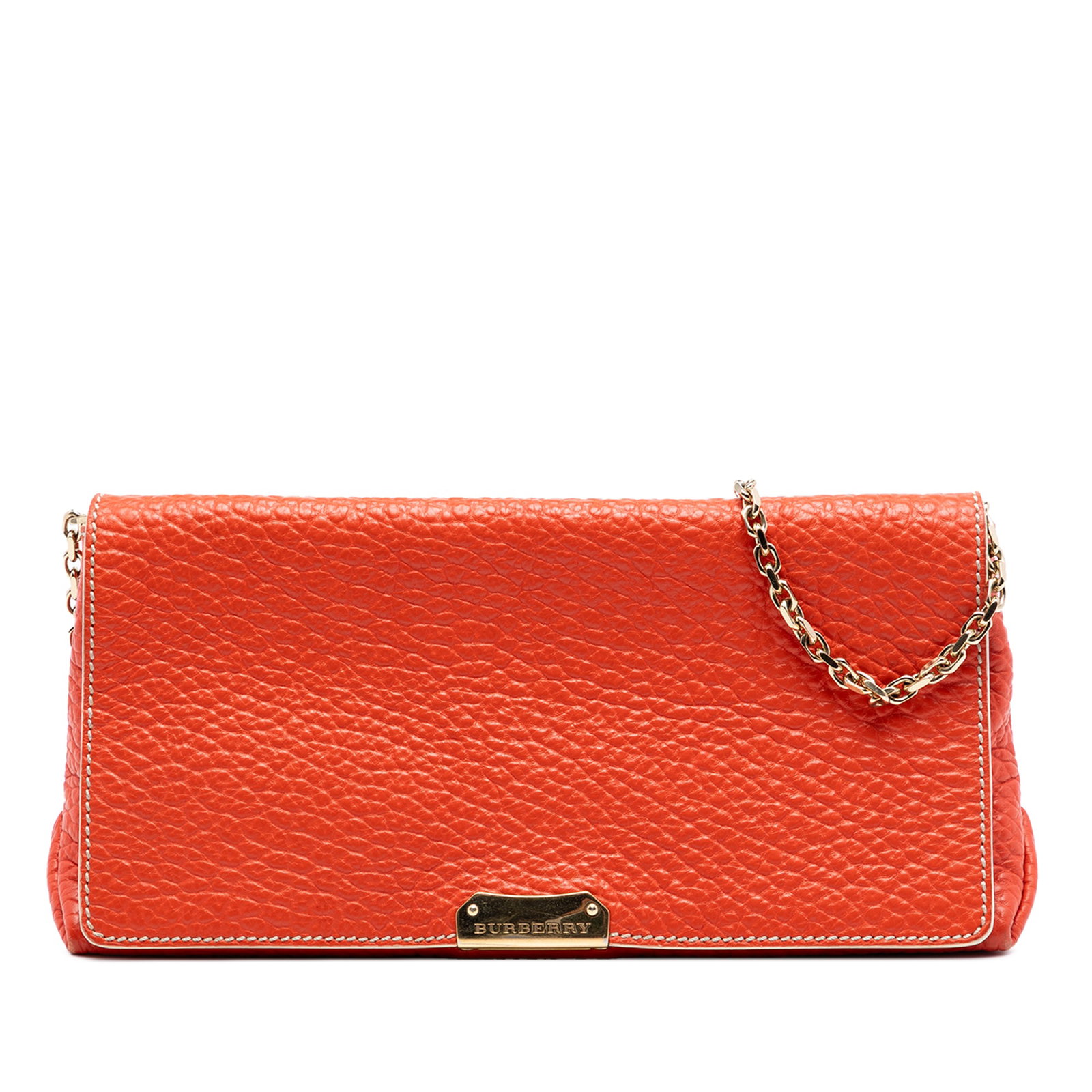 Burberry Mildenhall Orange Leather Crossbody Bag: Burberry Mildenhall Orange Leather Crossbody Bag This Burberry Medium Grained Calfskin Mildenhall Crossbody bag is crafted from leather in a vibrant orange hue. It features a gold-tone curb chain link