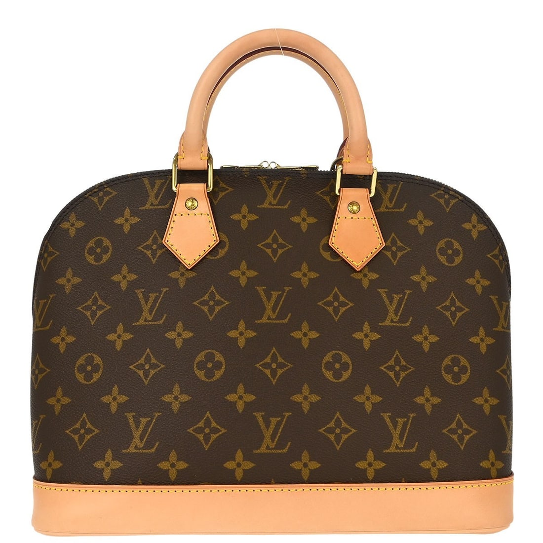 Louis Vuitton Alma Monogram Canvas Top Handle Bag M51130: Louis Vuitton Alma Monogram Canvas Top Handle Bag M51130 Vintage Louis Vuitton Alma handbag in brown Monogram canvas with leather trim and double handles. This top handle bag features a zip closure, l