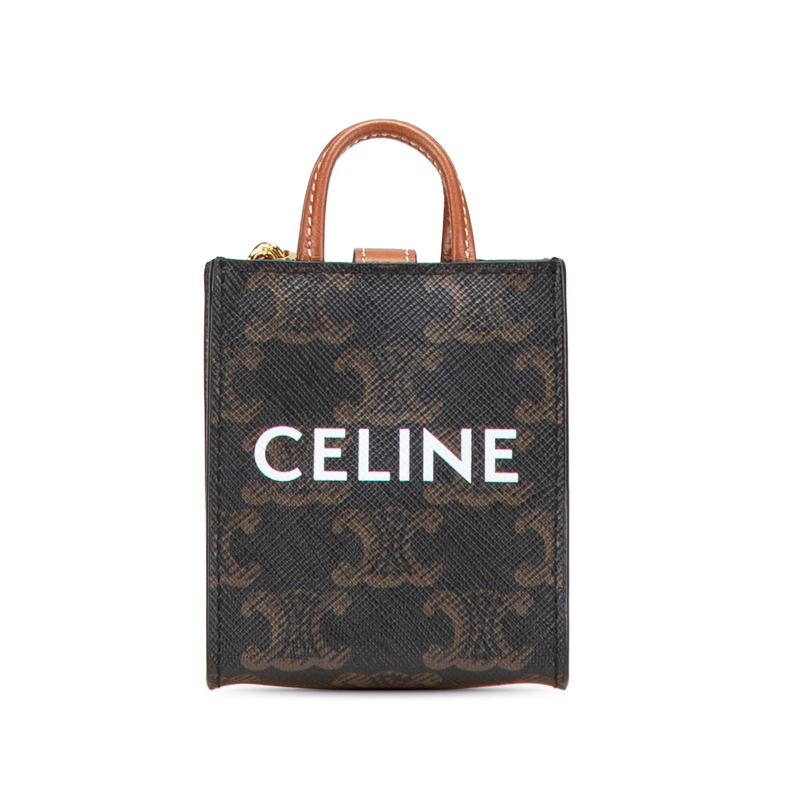 Celine Micro Triomphe Vertical Cabas Coated Canvas Bag Charm: Celine Micro Triomphe Vertical Cabas Coated Canvas Bag Charm Celine Micro Triomphe Coated Canvas Vertical Cabas Bag Charm in brown, featuring a coated canvas body, flat leather strap, a top strap with