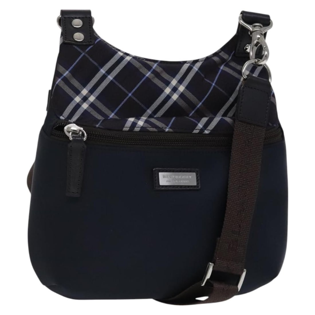 Navy Nylon Shoulder Bag by Burberry Black Label for Women: Navy Nylon Shoulder Bag by Burberry Black Label for Women This Burberry Black Label shoulder bag is crafted from navy nylon and designed for women. Manufactured in Japan, it features a spacious interi