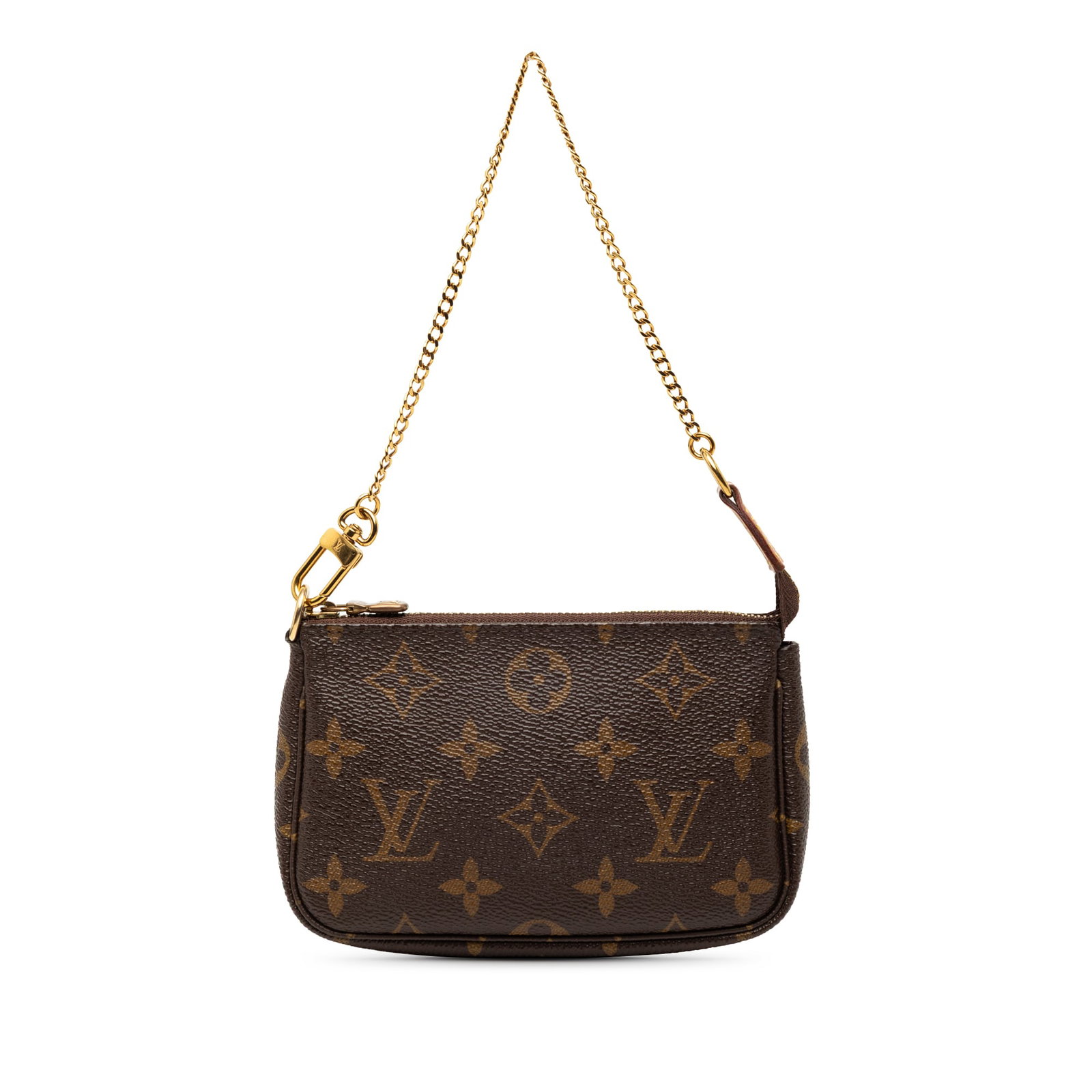 Louis Vuitton Brown Monogram Canvas Mini Pochette With Chain Strap: Louis Vuitton Brown Monogram Canvas Mini Pochette With Chain Strap This Louis Vuitton Mini Pochette Accessoires features the signature monogram canvas body, a gold-tone chain strap, and a top zip clos
