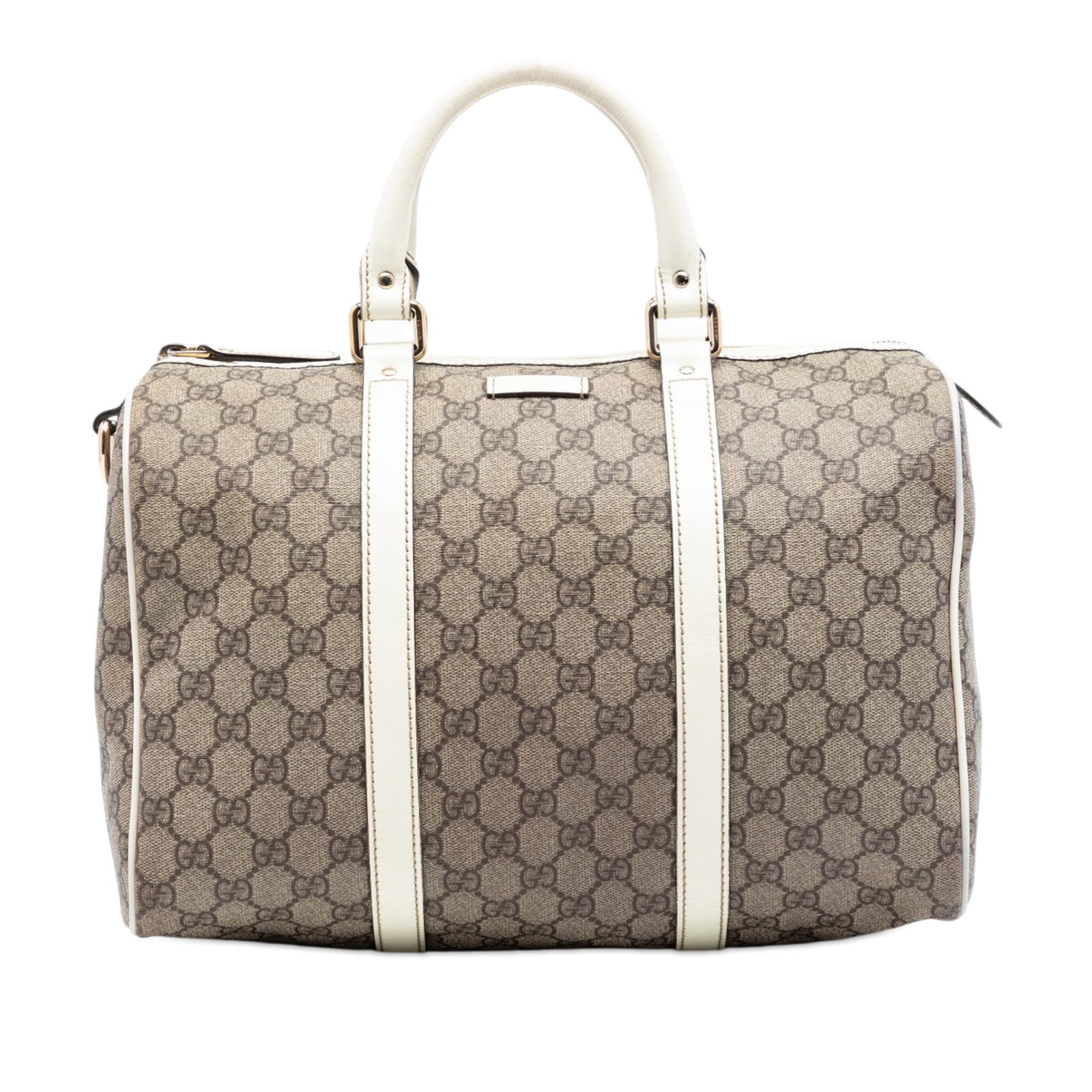 Gucci GG Supreme Joy Boston Bag Medium Beige: Gucci GG Supreme Joy Boston Bag Medium Beige This Gucci Medium GG Supreme Joy Boston Bag features a coated canvas body with leather trim, rolled leather handles, a top zip closure, and an interior sli