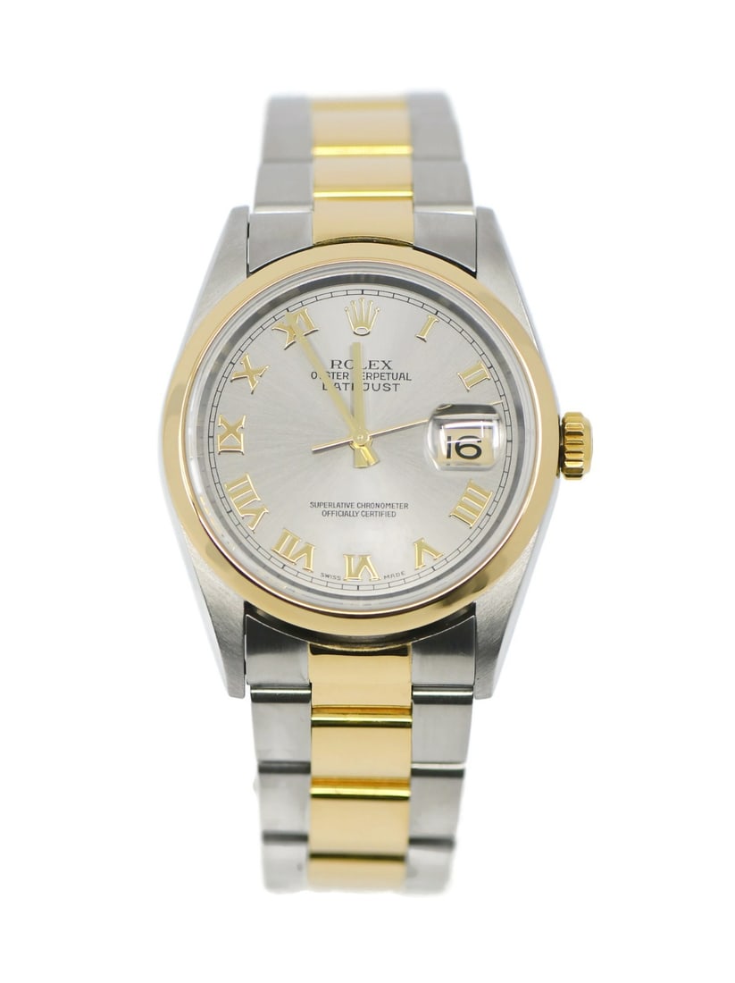Rolex Datejust Ref 16203 Men's Automatic Wristwatch Box Papers: Rolex Datejust Ref 16203 Men's Automatic Wristwatch Box Papers Rolex Datejust wristwatch in 18K and stainless steel, reference 16203. It features a silver dial, automatic mechanical movement, and anal