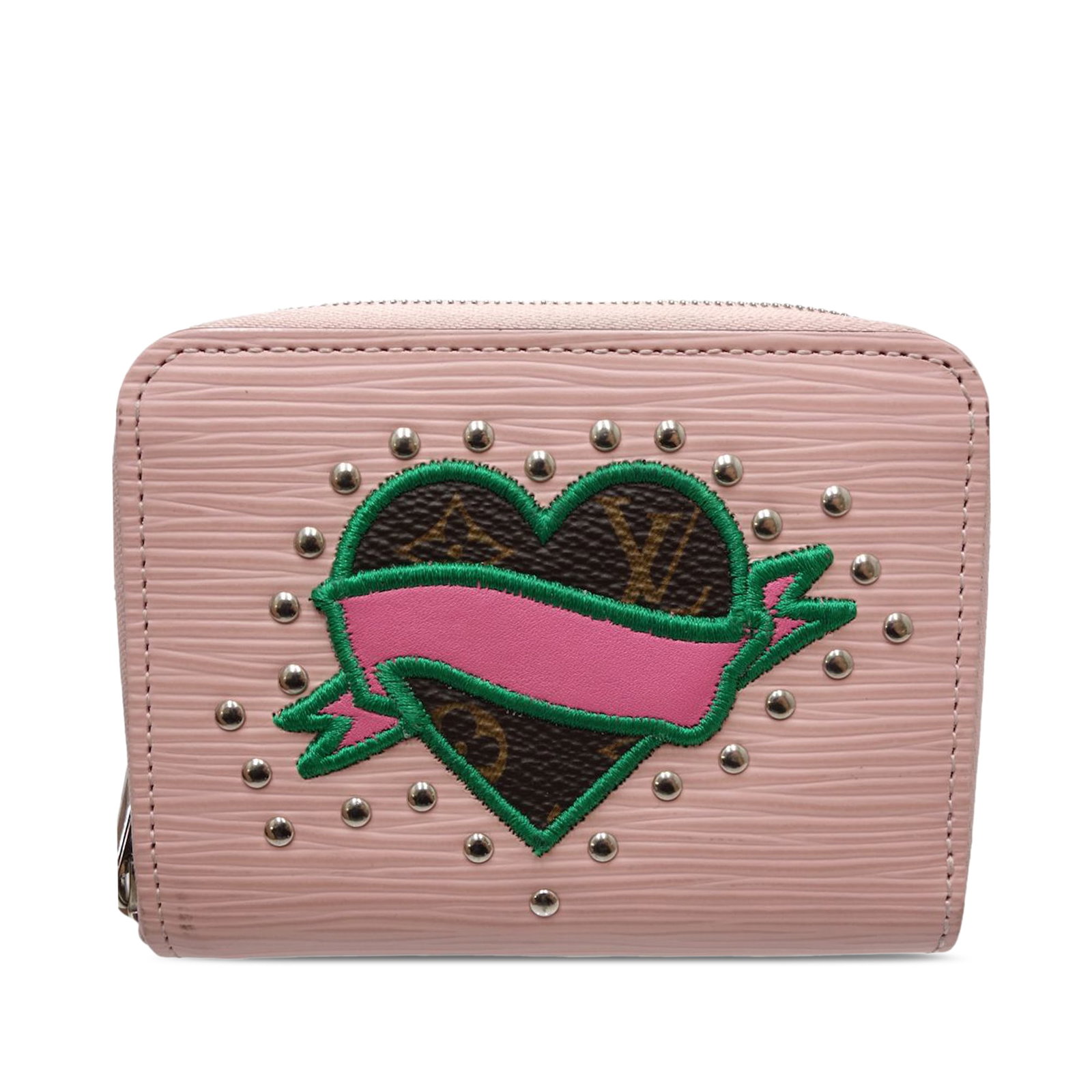 Louis Vuitton pink Epi leather Zippy coin pouch: Louis Vuitton pink Epi leather Zippy coin pouch This Louis Vuitton Epi LV Stories Zippy Coin Purse features a pink epi leather body adorned with patch details. It is designed with a top zip closure an