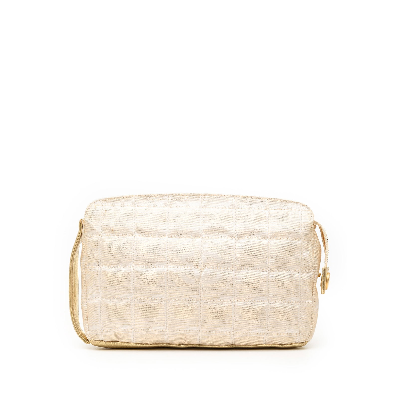 Chanel beige canvas wristlet pouch New Travel Line: Chanel beige canvas wristlet pouch New Travel Line This Chanel New Travel Line Canvas Pouch features a beige canvas body complemented by a flat leather wrist strap and a top zip closure. The pouch is 