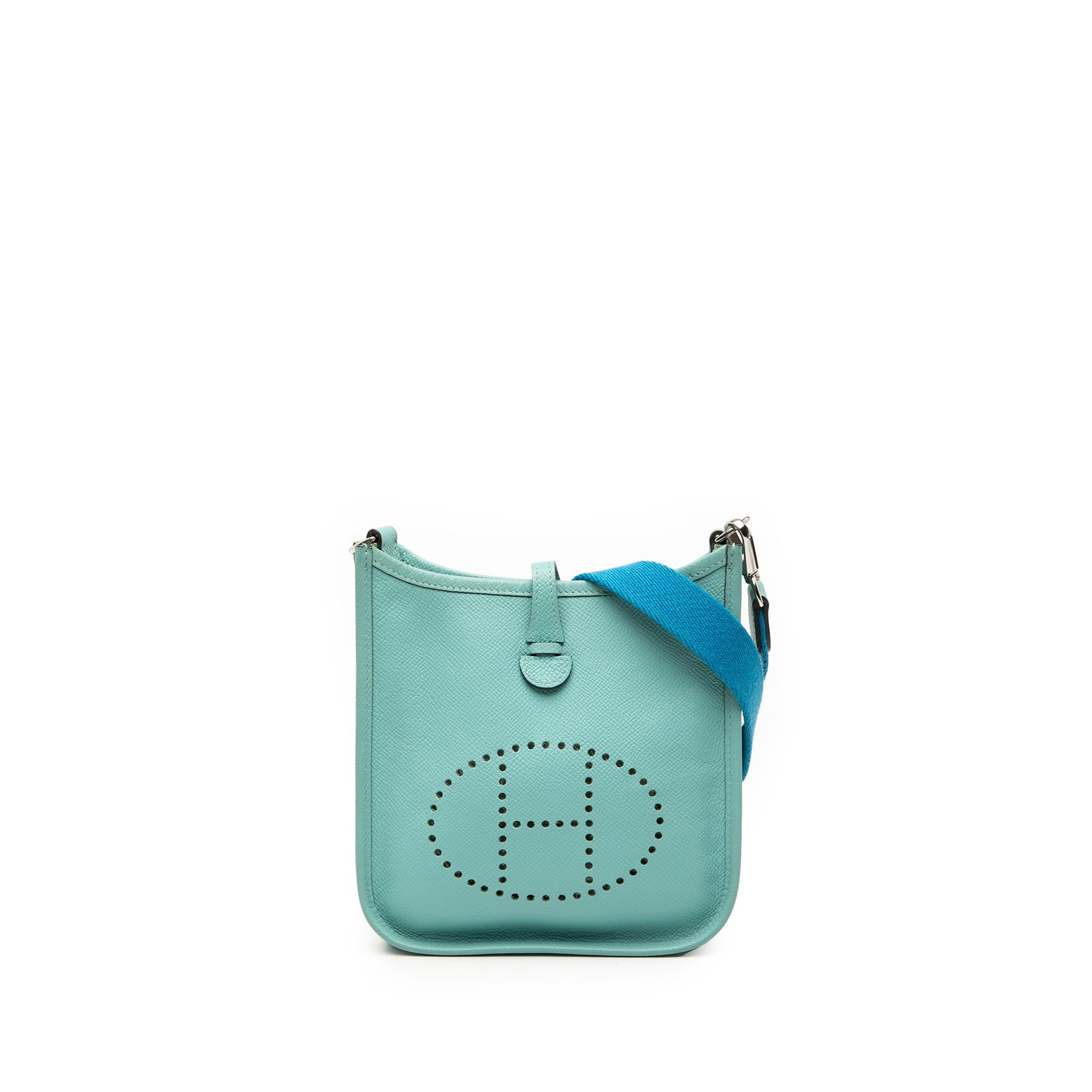 Hermes Evelyne TPM Bleu Atoll Epsom Leather Crossbody Bag: Hermes Evelyne TPM Bleu Atoll Epsom Leather Crossbody Bag This Hermes Evelyne I TPM bag is crafted from Epsom leather in the Bleu Atoll color and features a detachable flat canvas strap. It has an ope