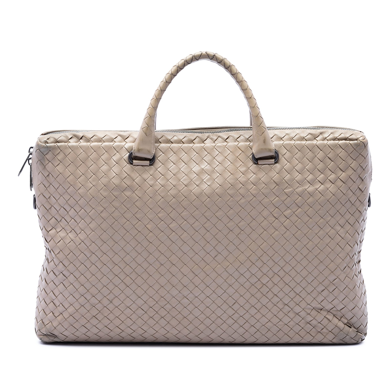 Bottega Veneta Intrecciato Nappa Leather Business Bag Beige: Bottega Veneta Intrecciato Nappa Leather Business Bag Beige This Bottega Veneta Nappa Intrecciato Business Bag is crafted in woven nappa leather and features rolled handles, a top zip closure, and int
