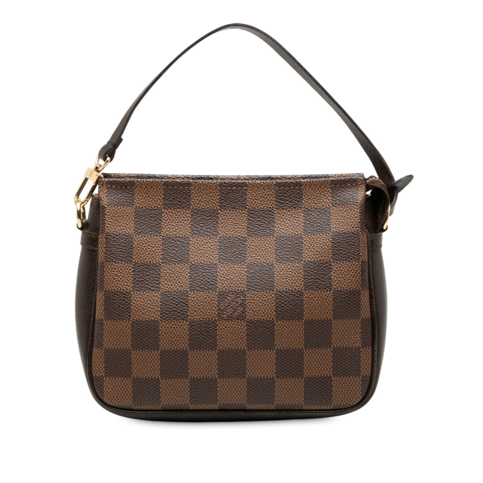 Brown Damier Ebene Canvas Trousse Pochette Bag by Louis Vuitton: Brown Damier Ebene Canvas Trousse Pochette Bag by Louis Vuitton This Louis Vuitton Damier Ebene Trousse Pochette features a signature Damier Ebene canvas body with leather trim, a flat leather handle,
