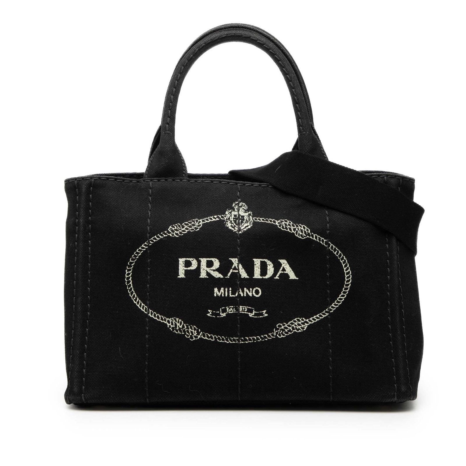 Black Canvas Satchel with Logo and Detachable Strap by Prada Small Canapa: Black Canvas Satchel with Logo and Detachable Strap by Prada Small Canapa This Prada Small Canvas Canapa Logo Satchel is crafted from black canvas and features rolled canvas handles, a detachable flat