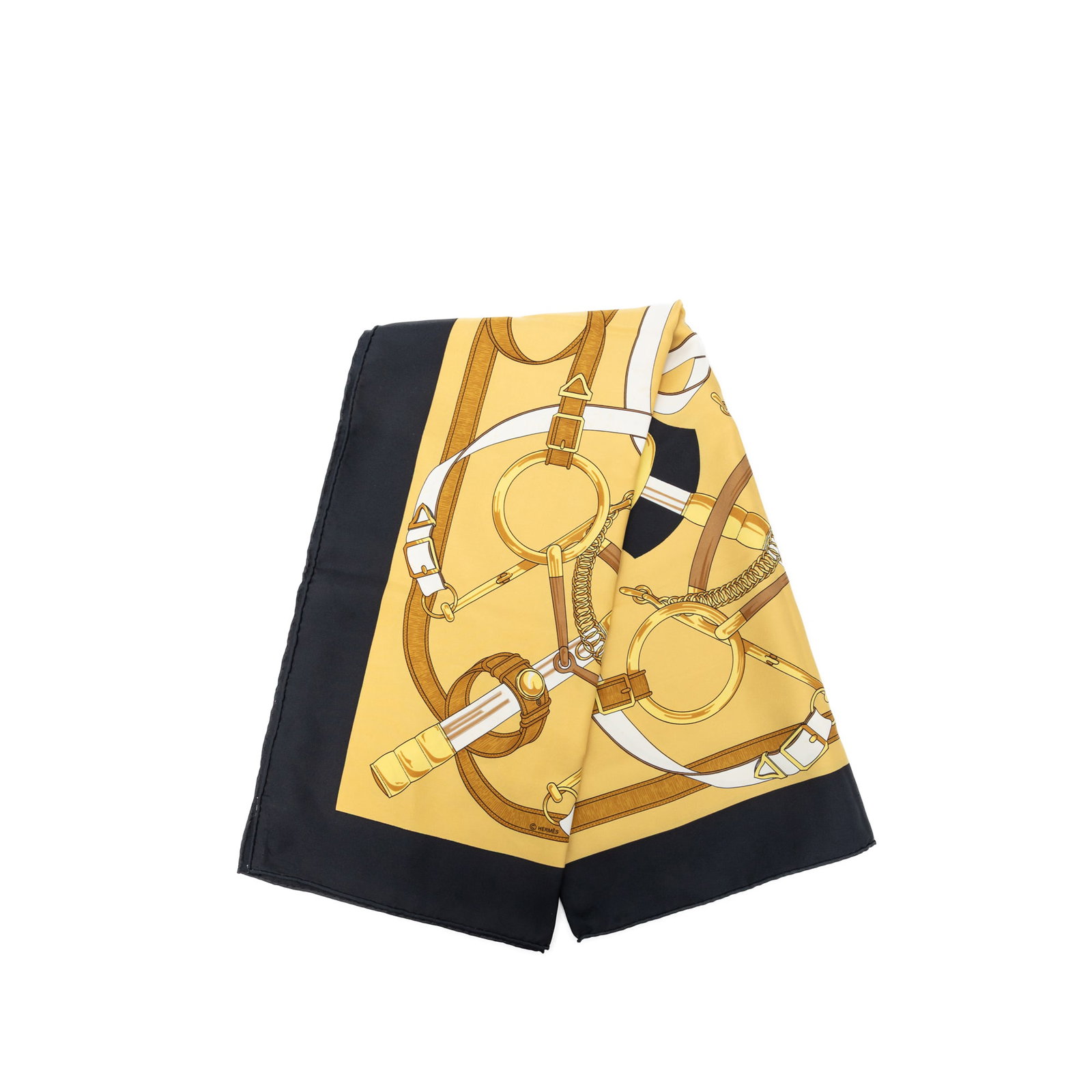 Hermes Eperon D Or 90 Silk Scarf Black: Hermes Eperon D Or 90 Silk Scarf Black Hermes Eperon D'Or Silk Scarf 90 in black, featuring the Eperon D'Or print on 100% silk. Made in France, this accessory measures 88.00 cm in length and 87.50 cm 