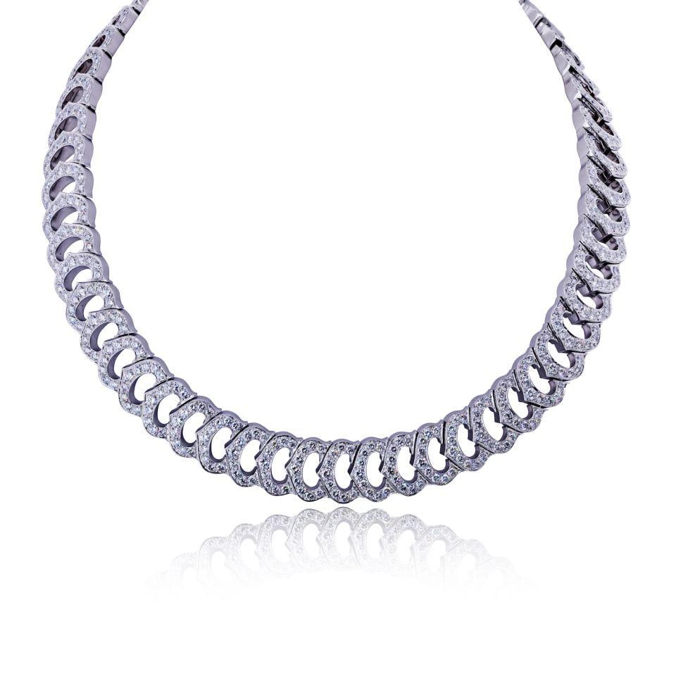 Cartier C Necklace in 18K White Gold with 20.65 Cts Diamonds: Cartier C Necklace in 18K White Gold with 20.65 Cts Diamonds Pre-owned Cartier necklace in 18K white gold, featuring a total exact diamond weight of 20.65 cts. Specifications Type: Necklaces Metal: 18