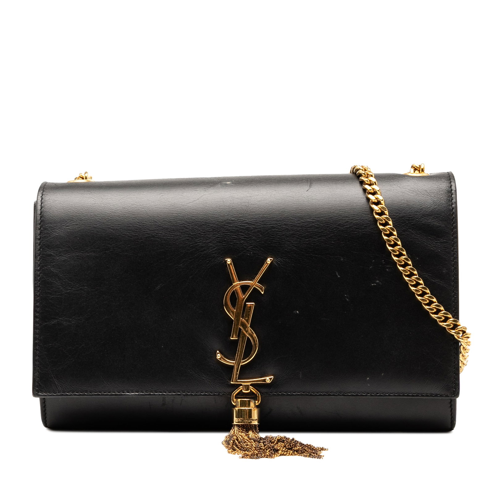 Saint Laurent Kate Medium Black Calfskin Monogram Crossbody Bag with Tassel: Saint Laurent Kate Medium Black Calfskin Monogram Crossbody Bag with Tassel This Saint Laurent Medium Smooth Calfskin Classic Monogram Kate Tassel Crossbody features a black leather body accented with