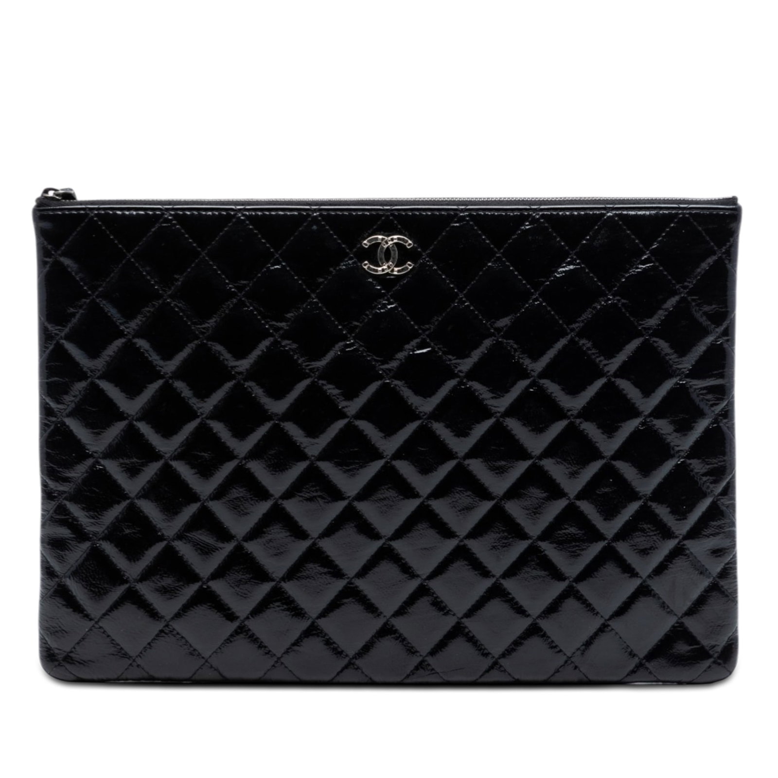Chanel black quilted patent leather O Case clutch: Chanel black quilted patent leather O Case clutch This Chanel Large Quilted Patent O Case Clutch features a black quilted patent leather body with a top zip closure. Made in Italy, the clutch offers a