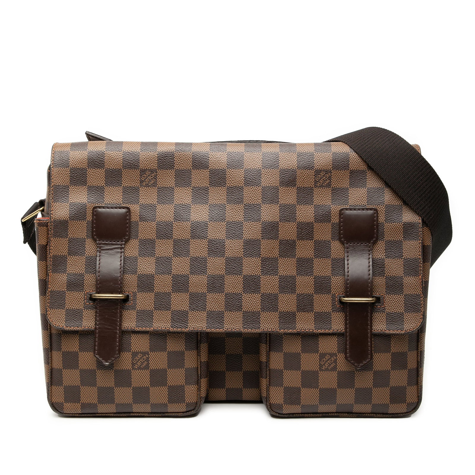 Louis Vuitton Broadway Damier Ebene Brown Canvas Bag: Louis Vuitton Broadway Damier Ebene Brown Canvas Bag The Louis Vuitton Damier Ebene Broadway bag features a brown Damier Ebene canvas body, a flat leather top handle, and an adjustable flat canvas str