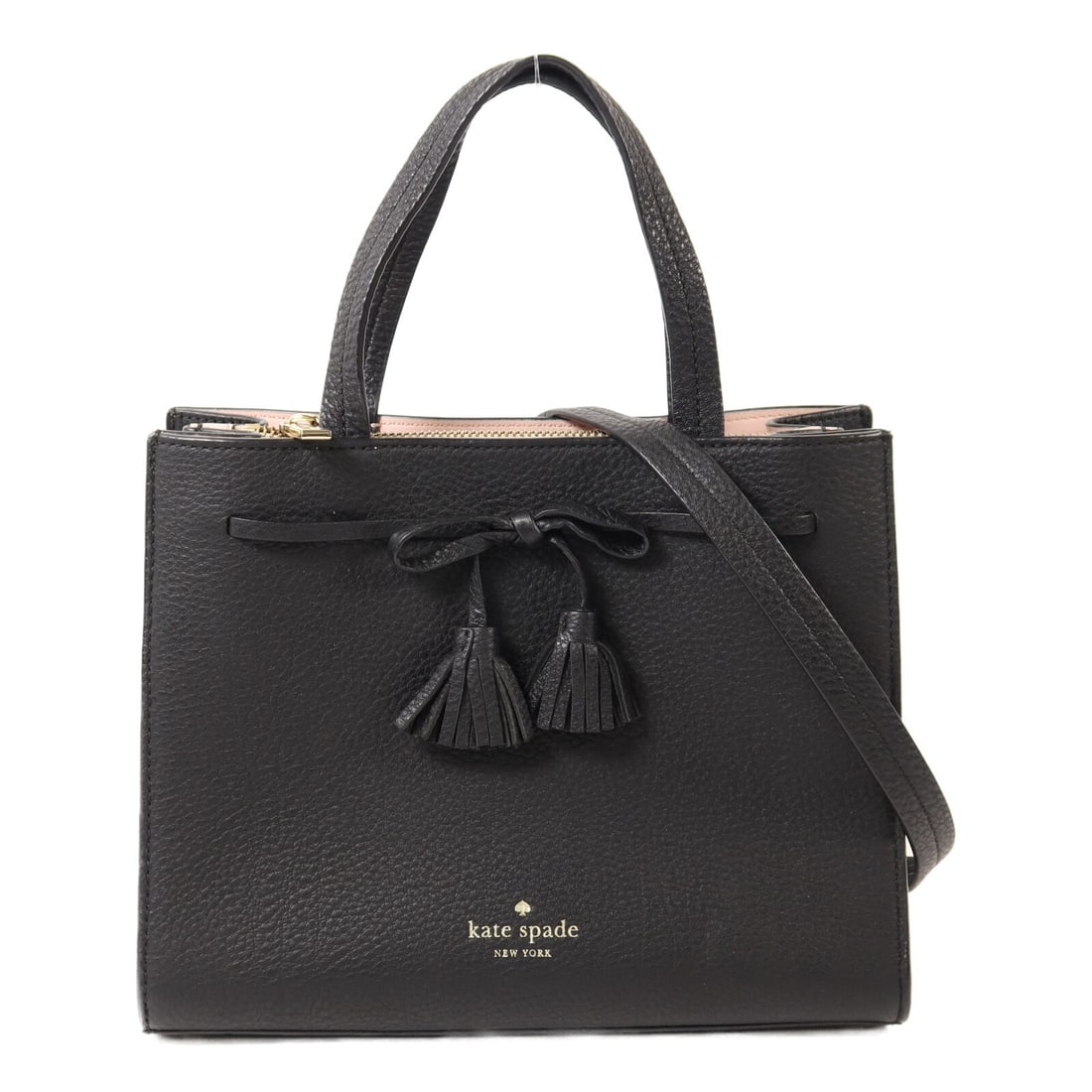 Kate Spade 2 Way Shoulder Bag Black Calfskin Leather Pink Accent: Kate Spade 2 Way Shoulder Bag Black Calfskin Leather Pink Accent Kate Spade 2-way shoulder bag in calfskin (cowhide) leather with a black and pink color combination. It features a shoulder strap and i