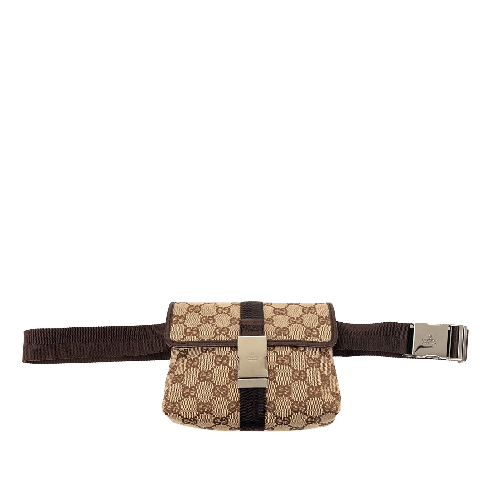 Gucci GG Canvas Waist Bag Beige Leather Trim: Gucci GG Canvas Waist Bag Beige Leather Trim A Gucci GG Canvas Belt Bag made in Italy, featuring a canvas body with leather trim, an adjustable flat waist strap, a flap with buckle closure, and an int