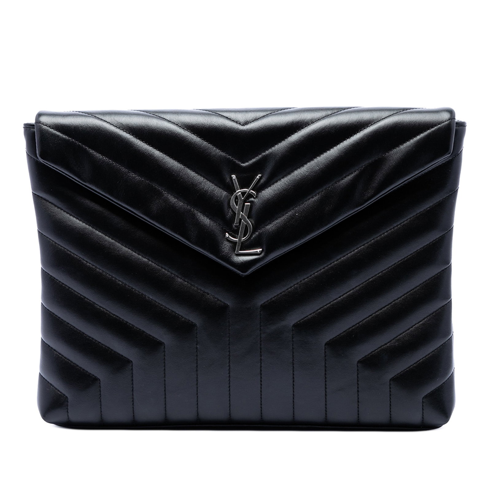Saint Laurent LouLou Document Clutch in Black Matelasse Calfskin: Saint Laurent LouLou Document Clutch in Black Matelasse Calfskin This Saint Laurent LouLou document clutch is crafted in black quilted leather with a front flap and magnetic snap button closure. Made 