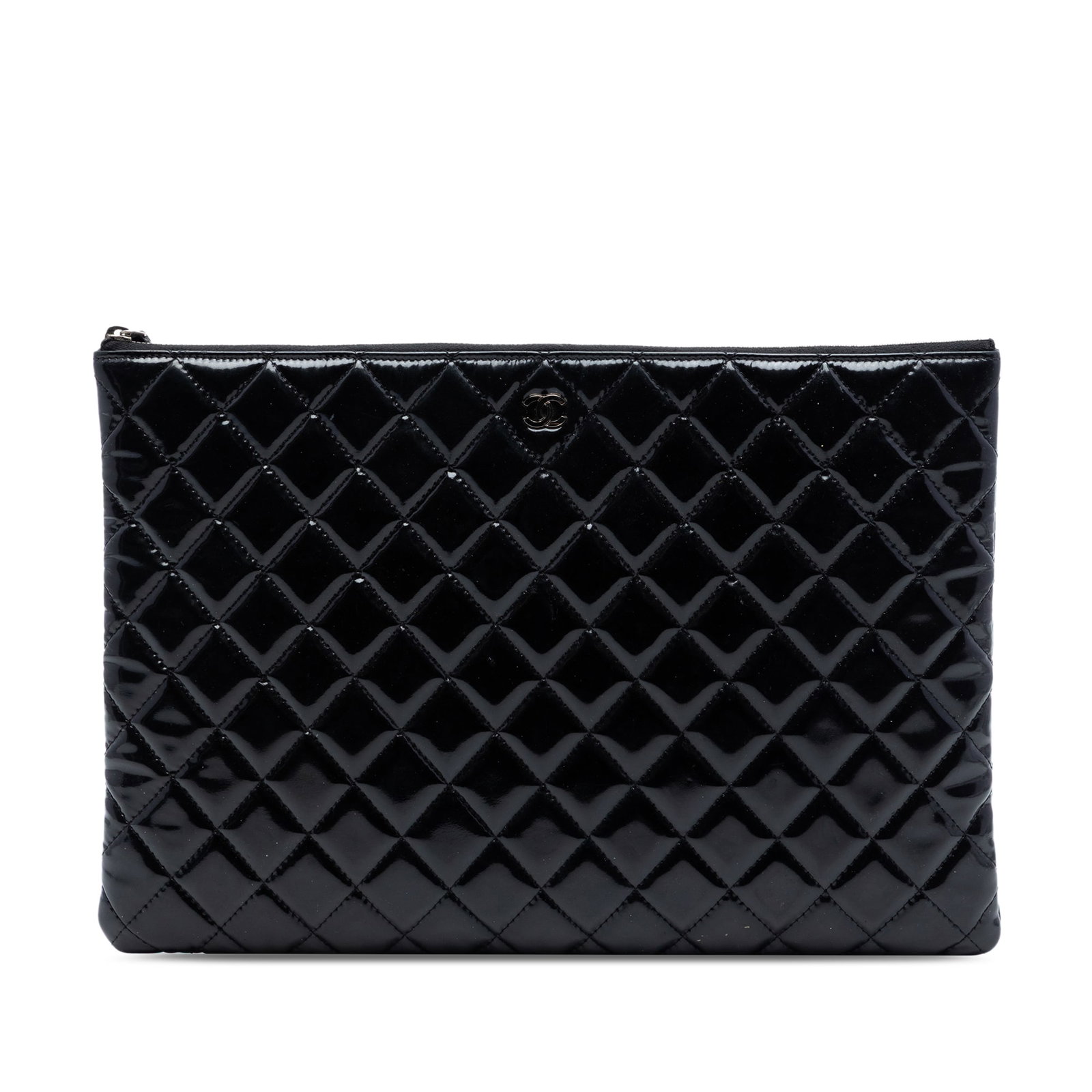 Chanel Black Quilted Patent Leather Zip Clutch: Chanel Black Quilted Patent Leather Zip Clutch This Chanel Large Quilted Patent O Case Clutch features a black quilted patent leather exterior with a top zip closure. Made in Italy, this clutch offers