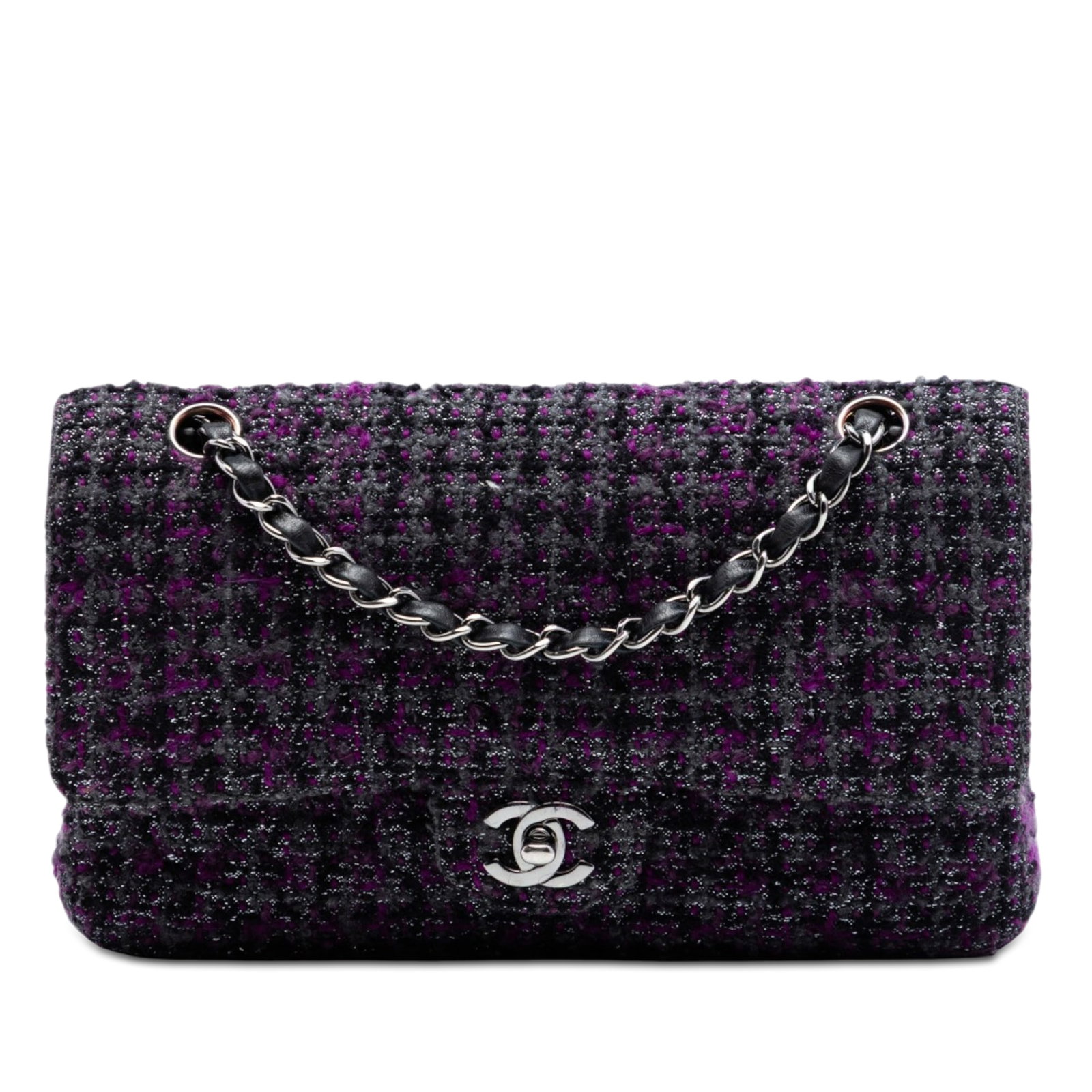 Chanel Purple Tweed Double Flap Shoulder Bag: Chanel Purple Tweed Double Flap Shoulder Bag This Chanel Medium Classic Tweed Double Flap shoulder bag showcases a quilted tweed exterior in purple, complemented by leather-woven chain-link shoulder s