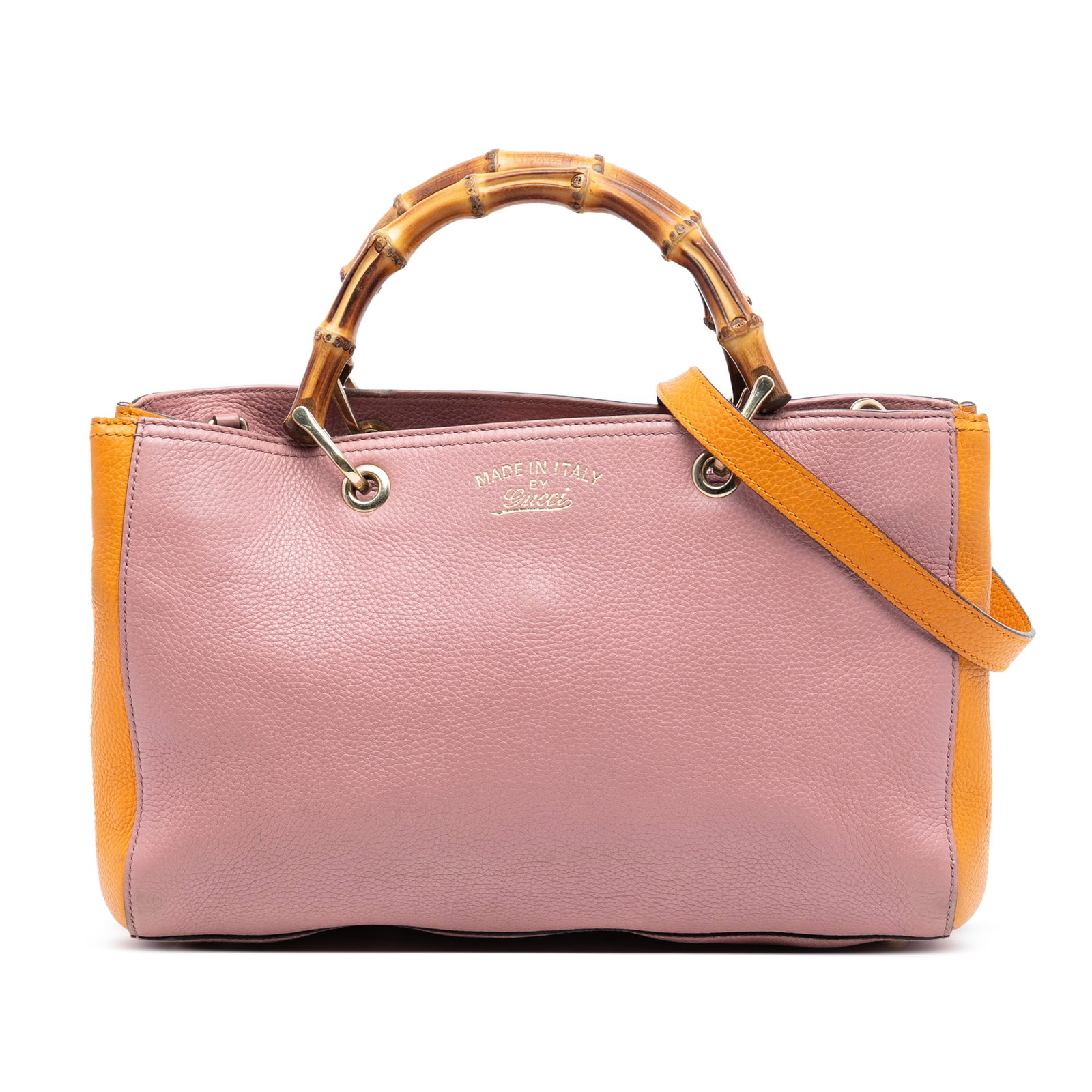 Gucci Bamboo Shopper Medium Pink Leather Satchel with Bicolor Design: Gucci Bamboo Shopper Medium Pink Leather Satchel with Bicolor Design This Gucci Medium Bicolor Calfskin Bamboo Shopper Satchel features a bicolor leather body with signature bamboo top handles and a d