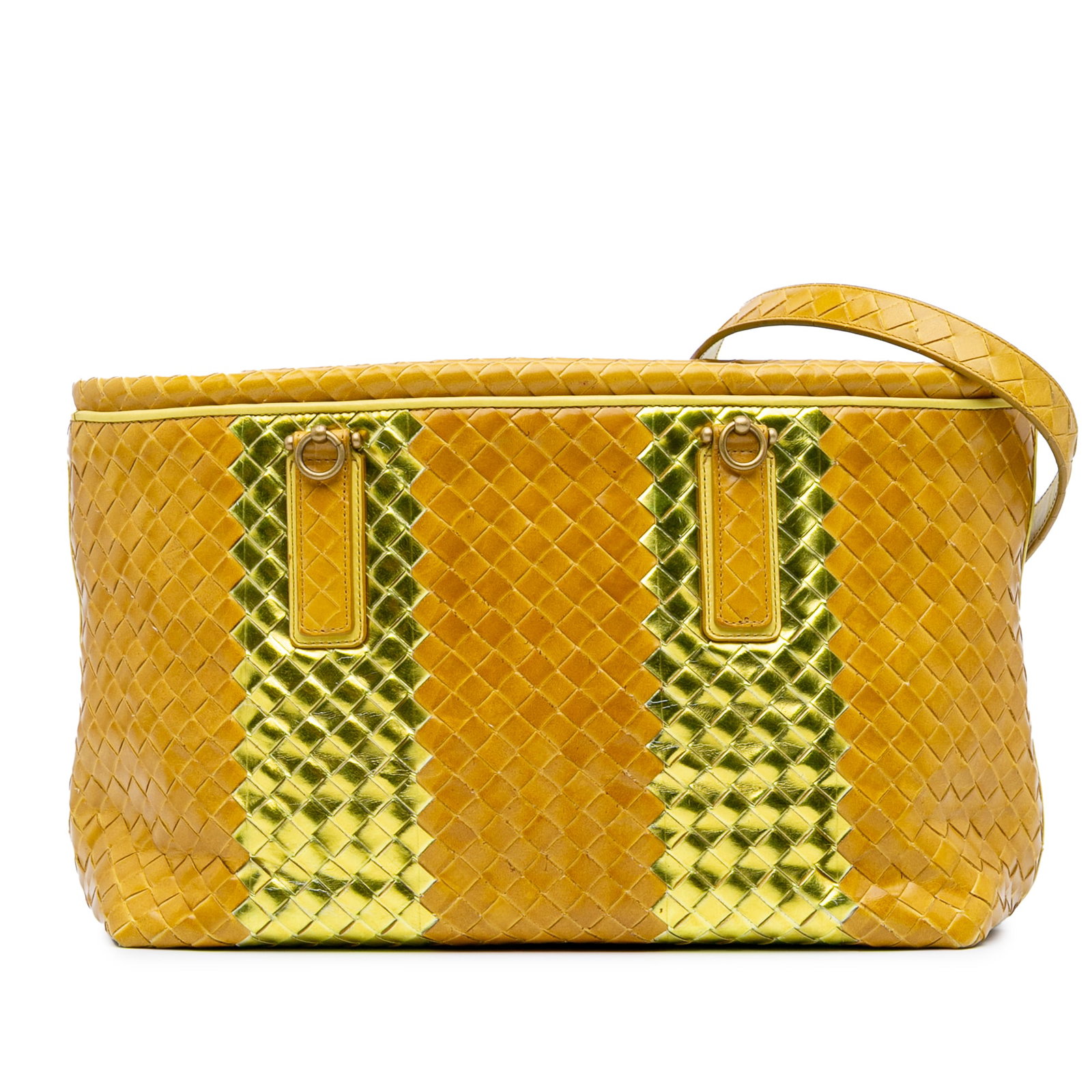 Bottega Veneta Yellow Leather Intrecciato Tote Bag: Bottega Veneta Yellow Leather Intrecciato Tote Bag Elevate your accessory collection with this Bottega Veneta Leather Intrecciato Tote. Crafted in Italy, this striking tote features a beautifully wove