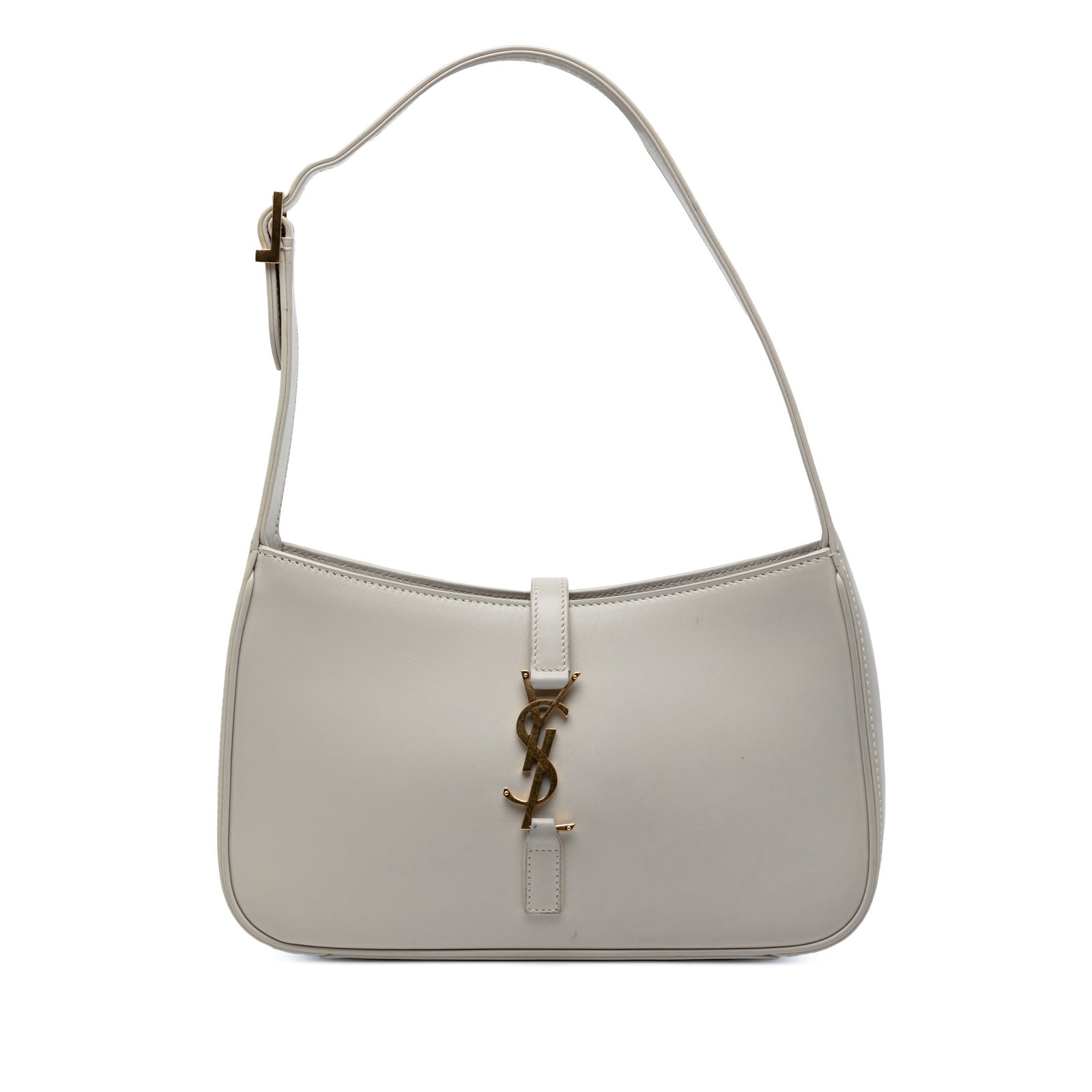 Gray Leather Le 5 a 7 Shoulder Bag by Saint Laurent: Gray Leather Le 5 a 7 Shoulder Bag by Saint Laurent This Saint Laurent Smooth Calfskin Le 5 a 7 shoulder bag features a gray leather body with a flat leather shoulder strap and an open top secured by 