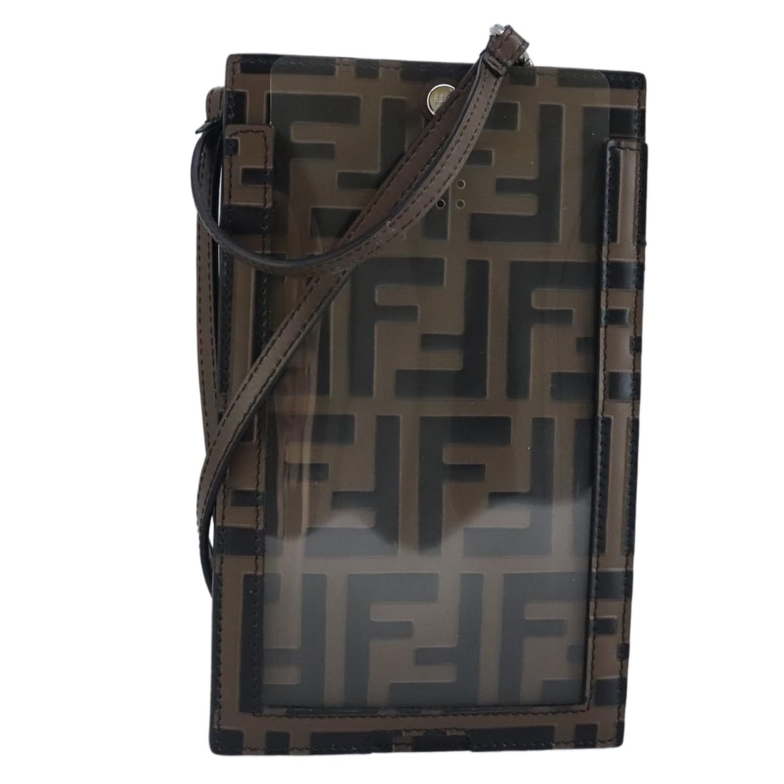Fendi Zucca Canvas Brown Black Smartphone Pouch 7AR737 A5TL Italy: Fendi Zucca Canvas Brown Black Smartphone Pouch 7AR737 A5TL Italy This FENDI smartphone holder features the iconic Zucca canvas in a stylish combination of brown, black, and silver. Designed as a pouc