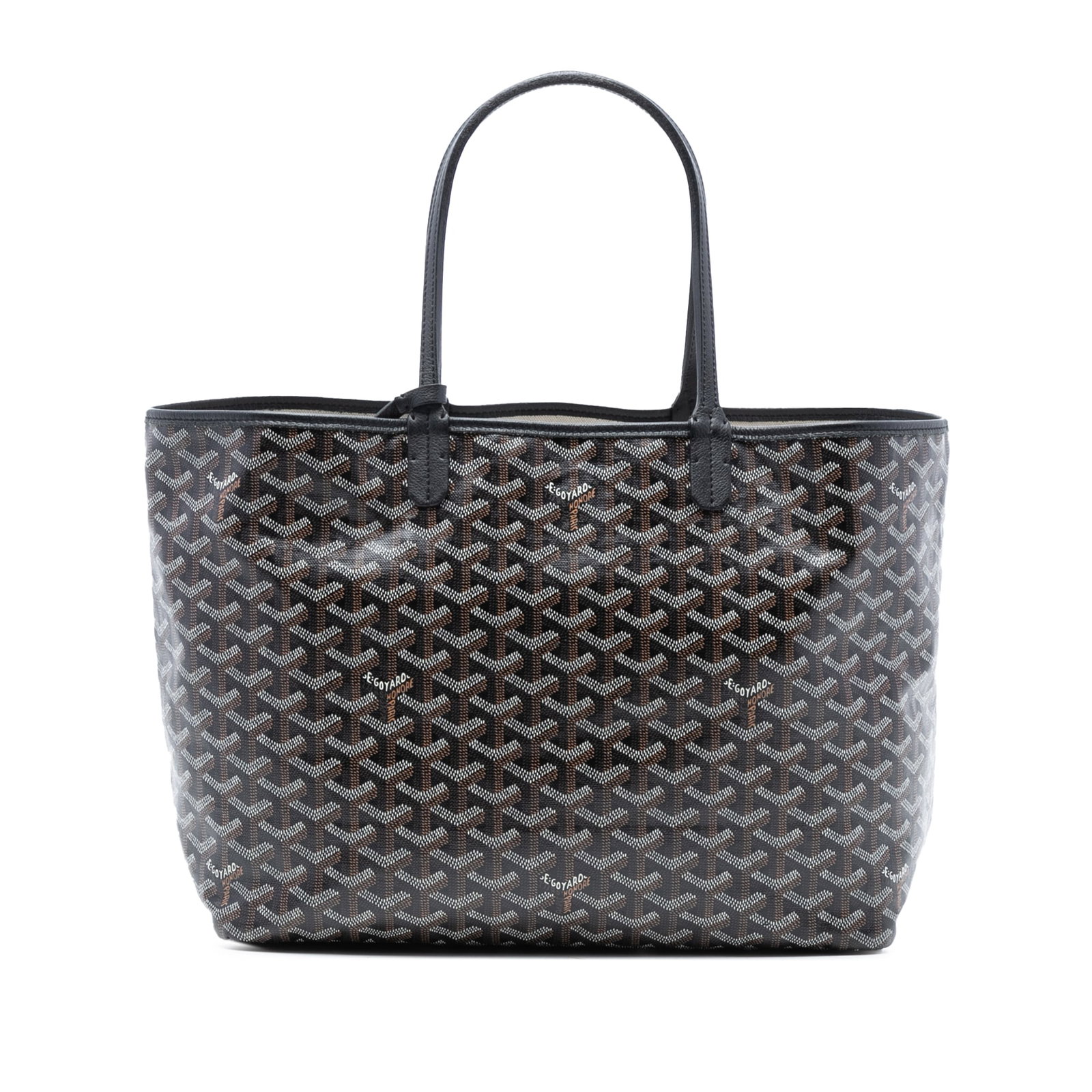 Goyard Saint Louis PM Black Coated Canvas Tote Bag: Goyard Saint Louis PM Black Coated Canvas Tote Bag The Saint Louis PM features a coated canvas body with flat leather handles and an open top. The bag is black and crafted in France. Notable signs of 