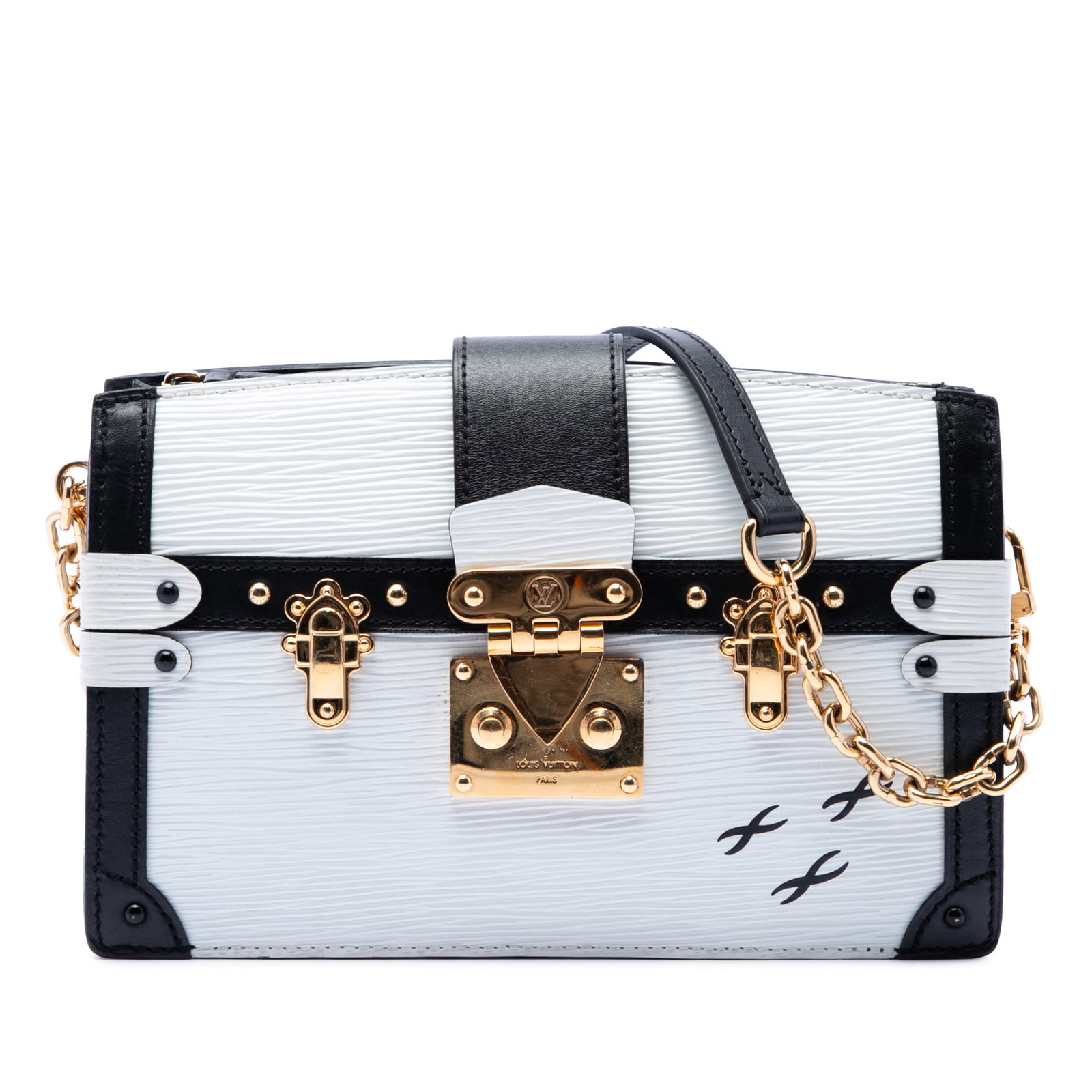 Louis Vuitton Epi Leather Trunk Clutch Bag White: Louis Vuitton Epi Leather Trunk Clutch Bag White This Louis Vuitton Epi Trunk Clutch is crafted in white Epi leather and features an adjustable, detachable chain strap with a leather guard. The design