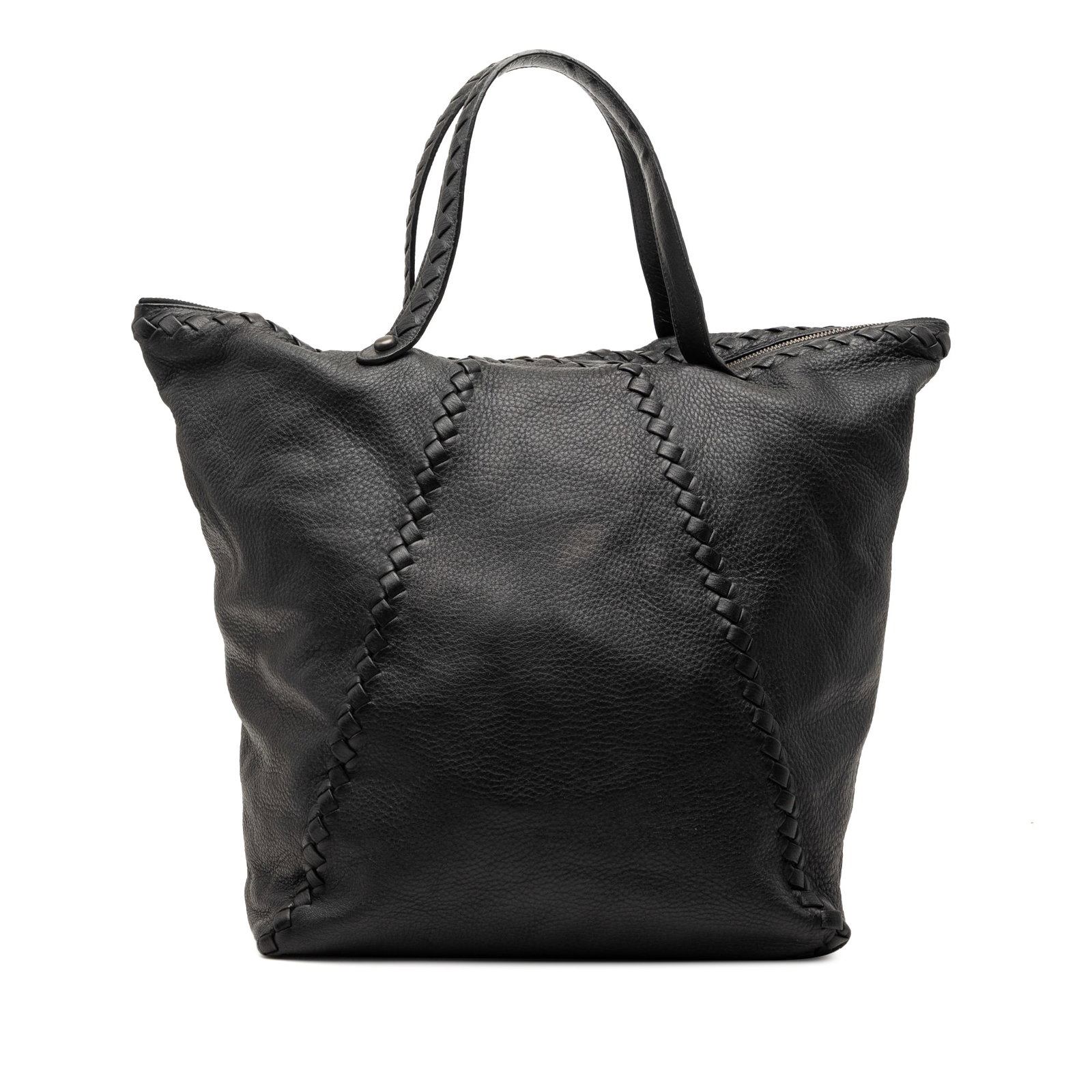 Bottega Veneta black leather Intrecciato Cervo tote: Bottega Veneta black leather Intrecciato Cervo tote This Bottega Veneta Intrecciato Trimmed Cervo Tote features a deerskin leather body with signature Intrecciato trim, flat leather handles, a top zip
