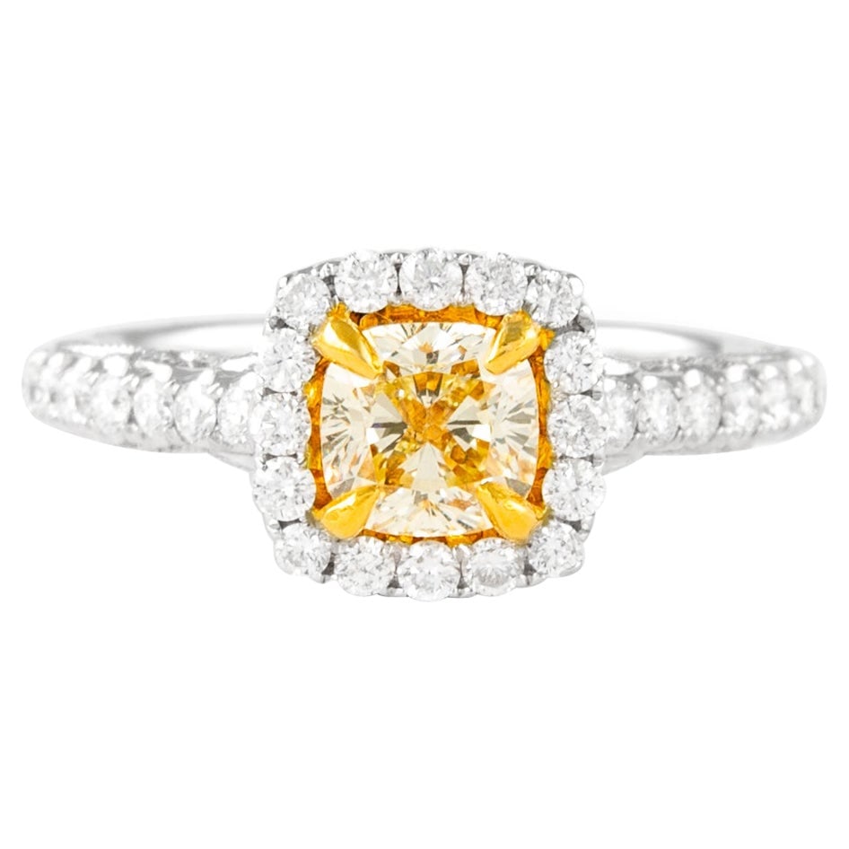 1.01ct Fancy Intense Yellow Diamond Halo Ring 18k Gold: 1.01ct Fancy Intense Yellow Diamond Halo Ring 18k Gold This exquisite 1.01 ct Fancy Intense Yellow Cushion Diamond Ring is crafted in luxurious 18k gold, featuring a stunning two-tone design of yellow