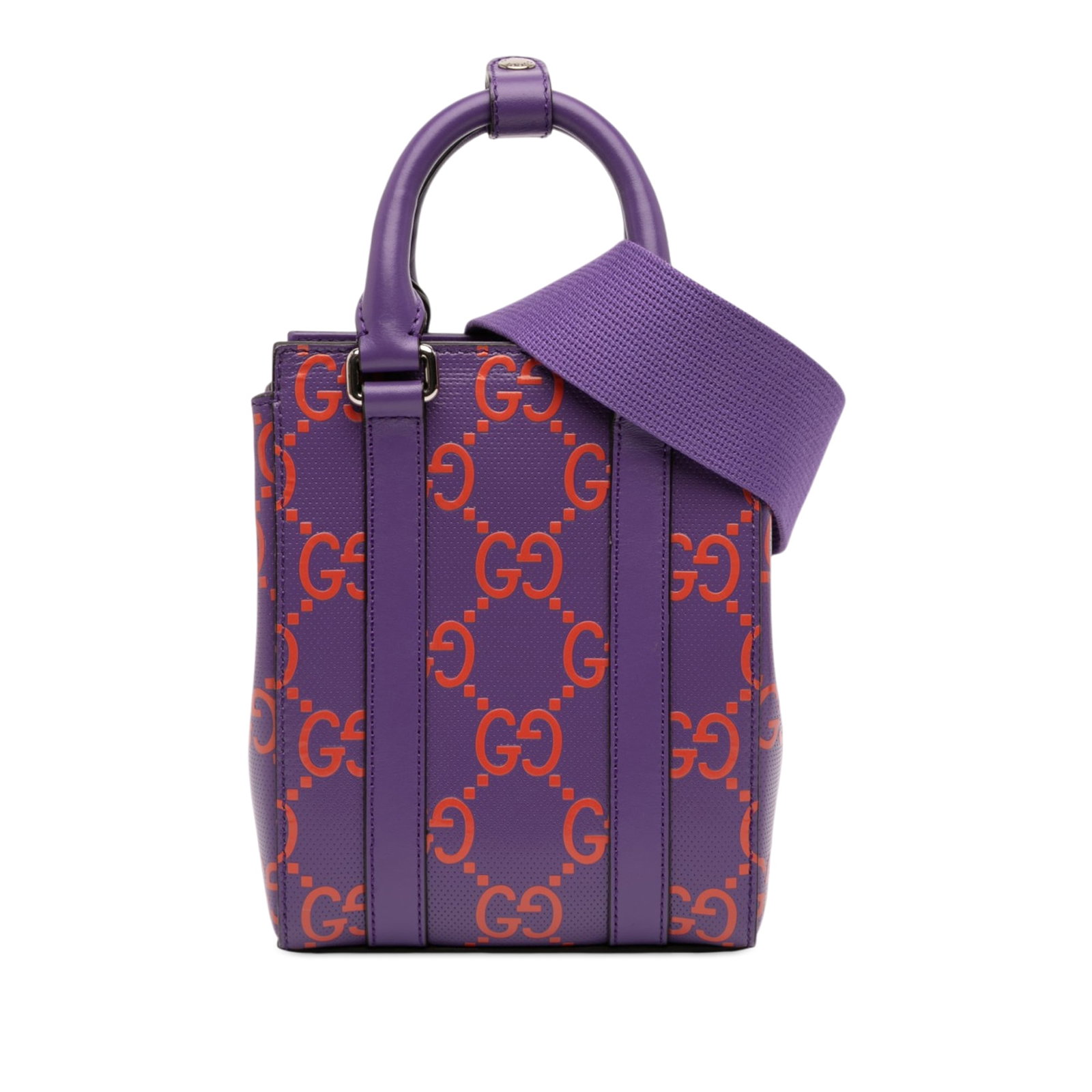Gucci Mini Embossed Leather Tote with Canvas Strap: Gucci Mini Embossed Leather Tote with Canvas Strap This Gucci Mini GG Embossed Perforated Leather Tote features a purple embossed leather body with rolled leather handles and a detachable, adjustable 