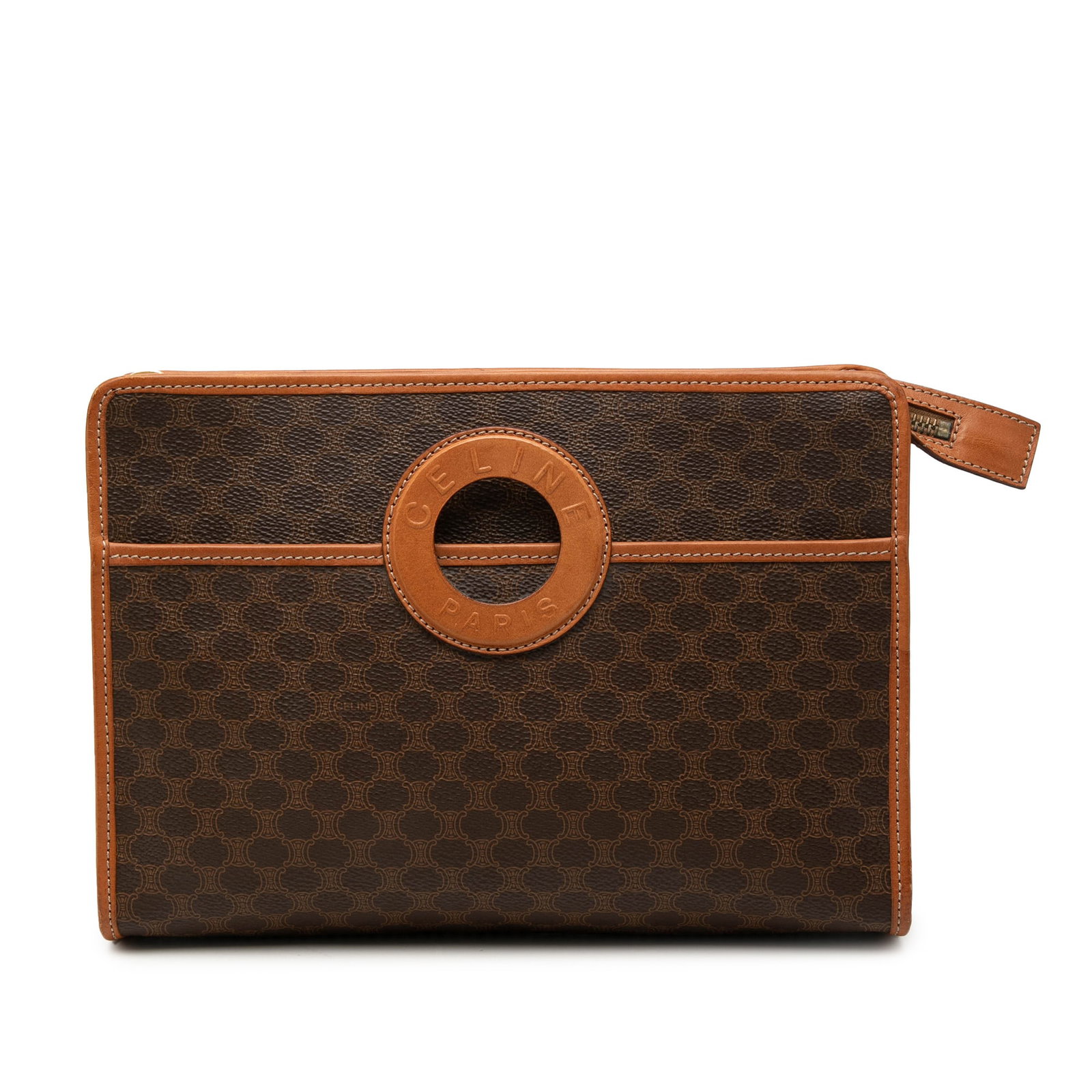Celine Macadam Brown Coated Canvas Zip Clutch Bag: Celine Macadam Brown Coated Canvas Zip Clutch Bag Celine Macadam coated canvas clutch with leather trim and a top zip closure. The design includes an exterior front slip pocket and a brown finish. Con