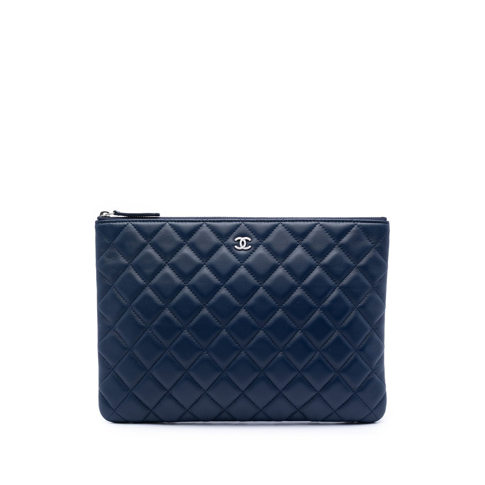Chanel O Case Medium Blue Quilted Lambskin Zip Clutch: Chanel O Case Medium Blue Quilted Lambskin Zip Clutch A Chanel Medium Quilted Lambskin O Case Clutch in blue leather with the brand's quilted design and a top zip closure. Made in Italy, this clutch s