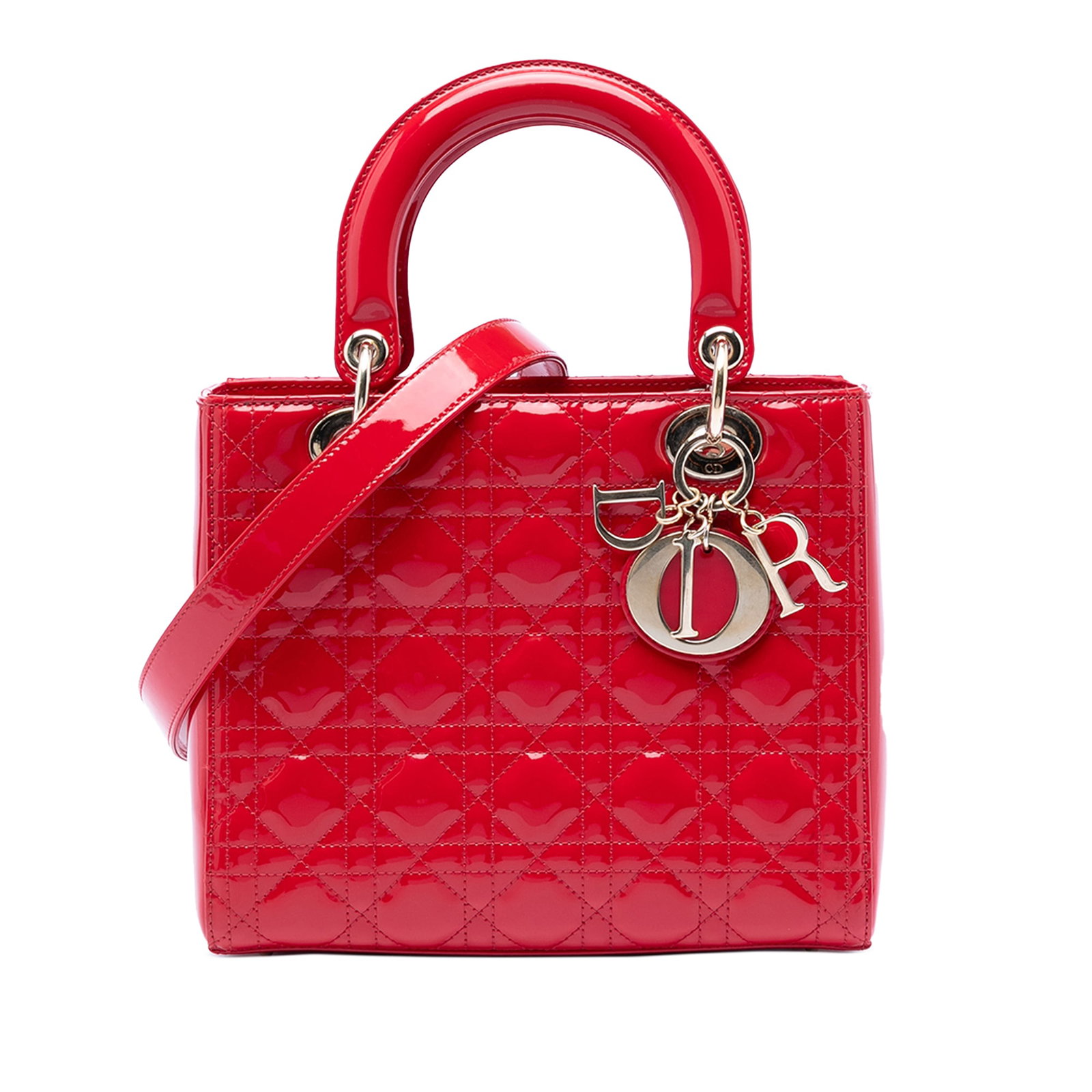 Dior Lady Dior Medium Red Patent Cannage Quilted Leather Bag with Strap: Dior Lady Dior Medium Red Patent Cannage Quilted Leather Bag with Strap The Medium Patent Cannage Lady Dior handbag features a quilted patent leather body in red, flat leather top handles, a detachabl