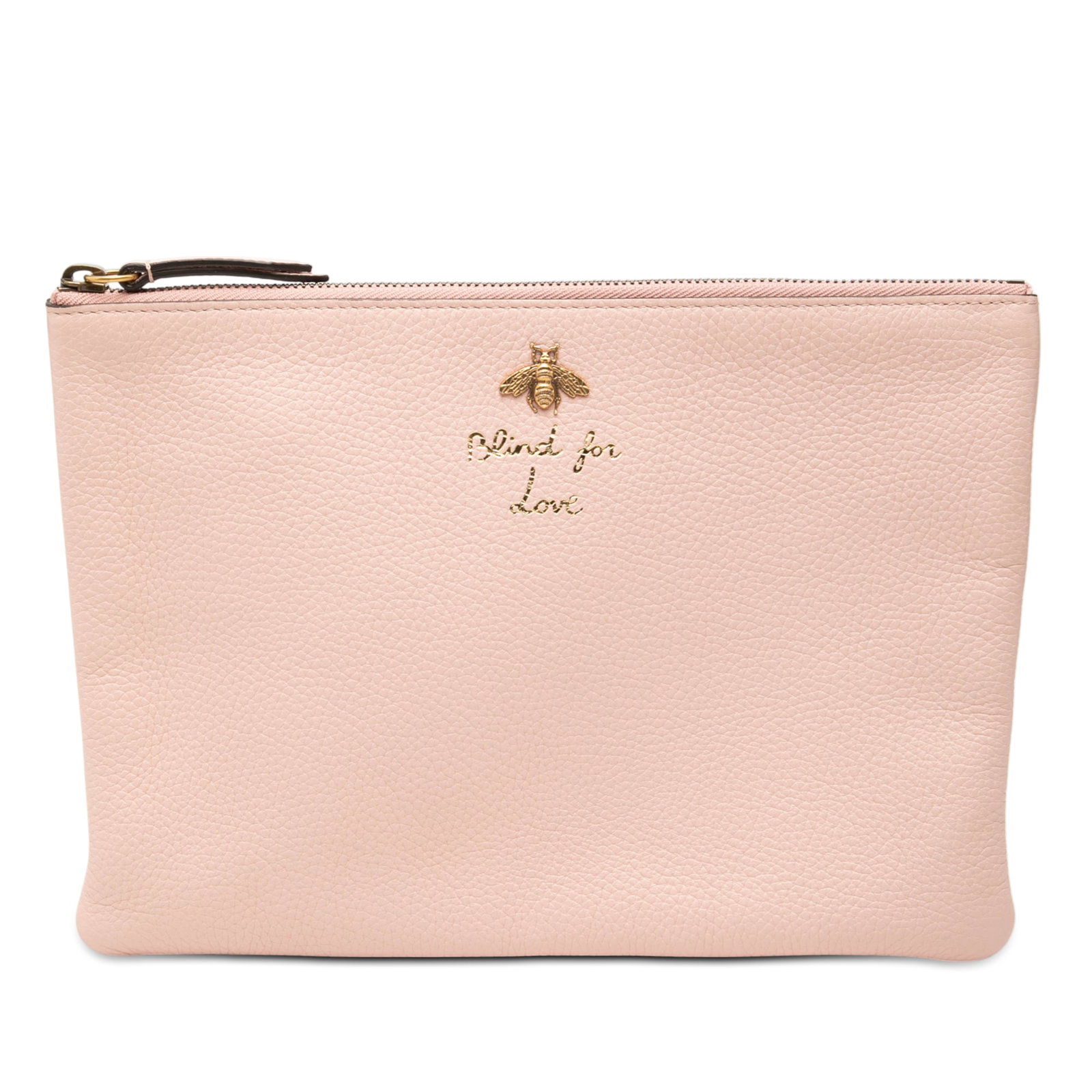Gucci Pink Leather Blind For Love Zip Clutch: Gucci Pink Leather Blind For Love Zip Clutch This Gucci Leather Blind For Love Clutch features a pink leather body with a top zip closure. The bag is accented by a distinctive embellishment and has so
