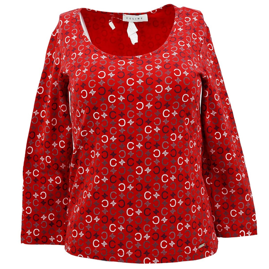 CELINE Macadam Red Short Sleeve T Shirt Size M: CELINE Macadam Red Short Sleeve T Shirt Size M Vintage CELINE C Macadam T-shirt in red with a regular fit and round neck. This women's casual top is made in Italy from a cotton and spandex blend and f