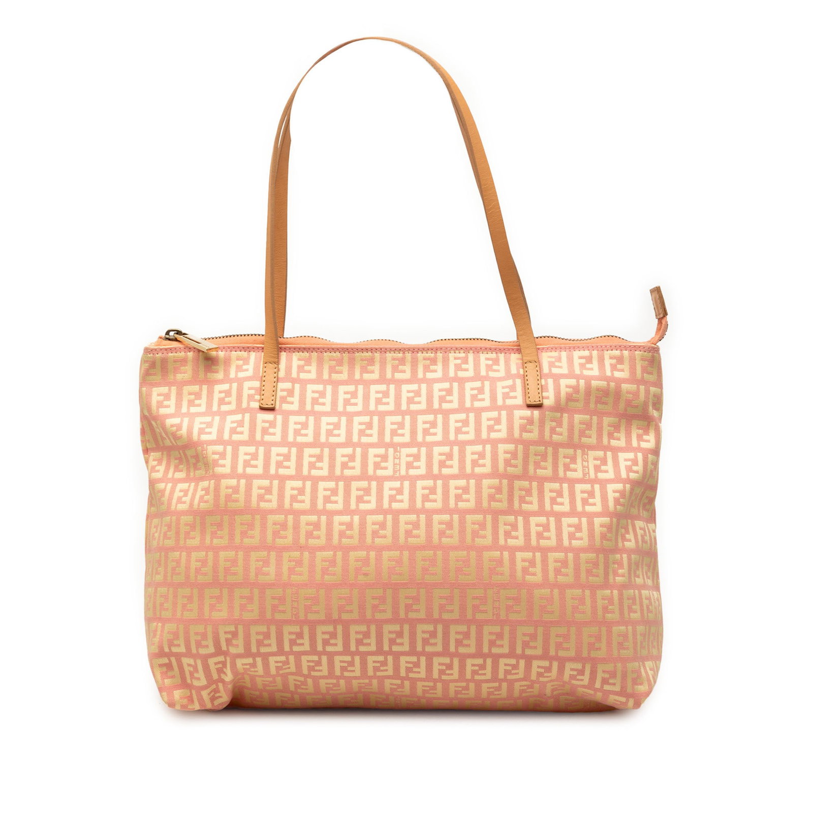 Pink Fendi Zucchino Small Canvas Tote with Leather Handles: Pink Fendi Zucchino Small Canvas Tote with Leather Handles This Fendi Small Zucchino Canvas Tote features a pink canvas body with flat leather straps and a top zip closure. The interior includes a zip