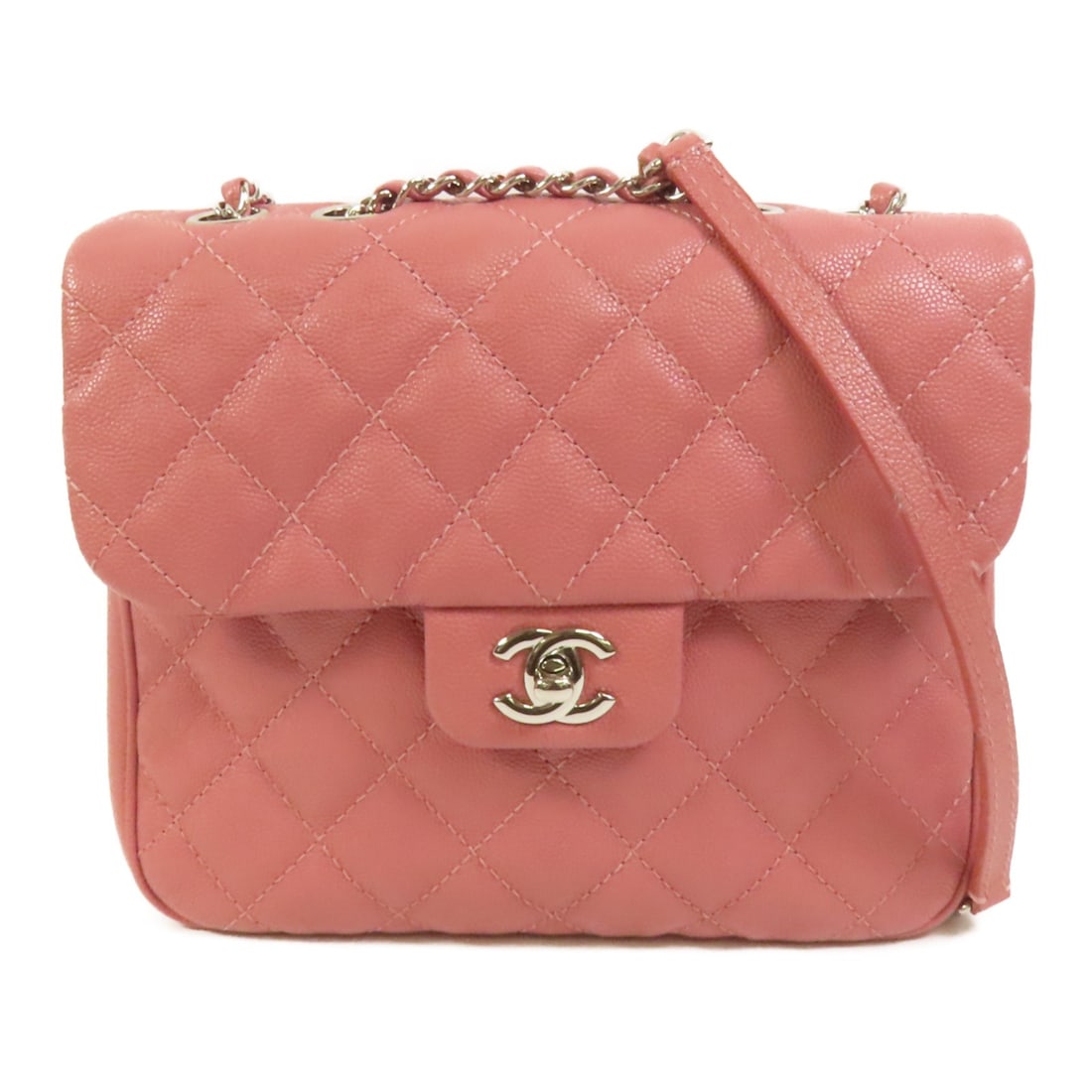 CHANEL CC Pink Calfskin Shoulder Bag with Silver Tone Chain: CHANEL CC Pink Calfskin Shoulder Bag with Silver Tone Chain CHANEL shoulder bag in pink calfskin (cowhide) leather with a CC turn-lock closure and chain shoulder strap. Designed for women, this regula