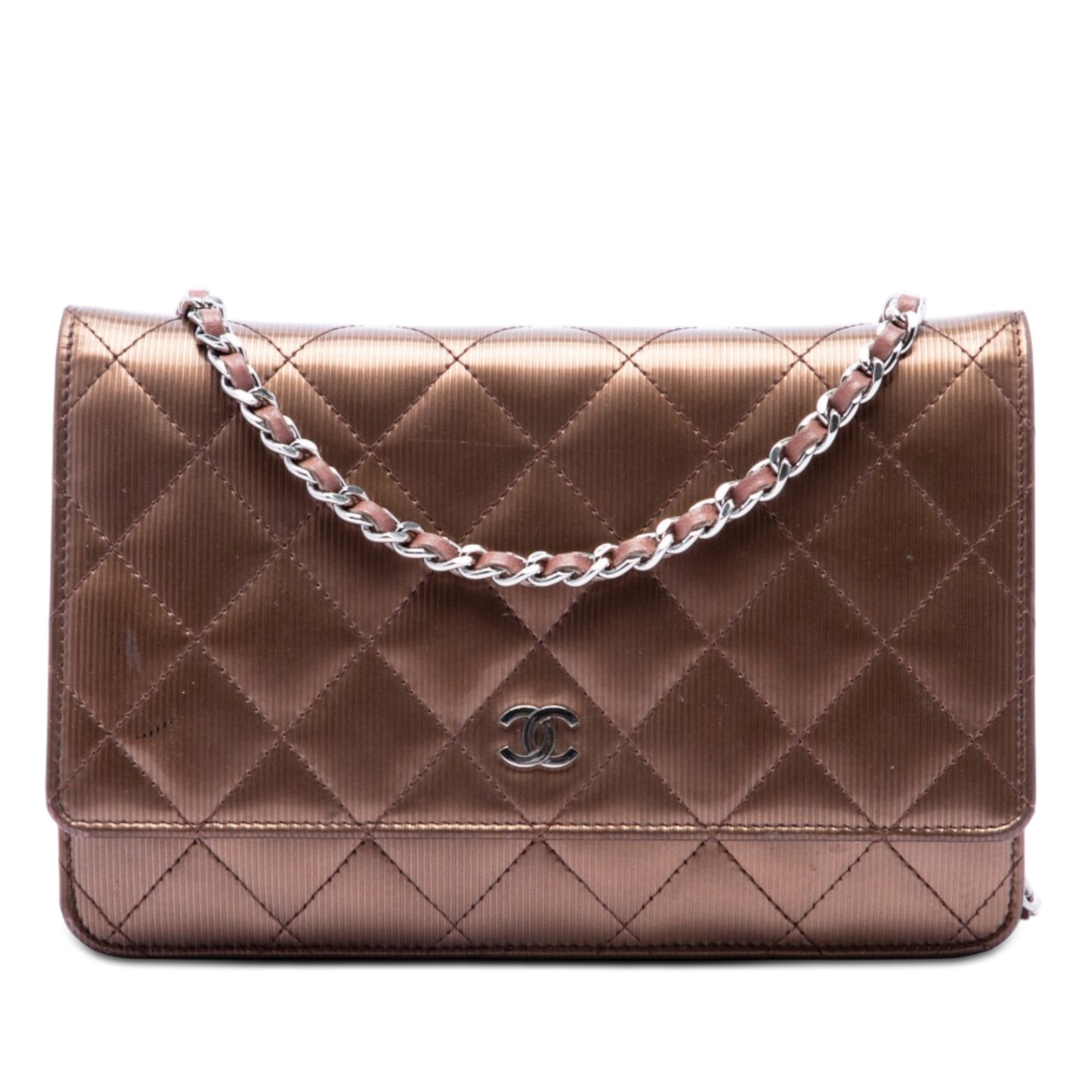Chanel CC Metallic Patent Wallet on Chain Quilted Striated Brown: Chanel CC Metallic Patent Wallet on Chain Quilted Striated Brown This Chanel wallet on chain is crafted in quilted patent leather with a silver-tone leather-woven chain link strap. It features a flap 