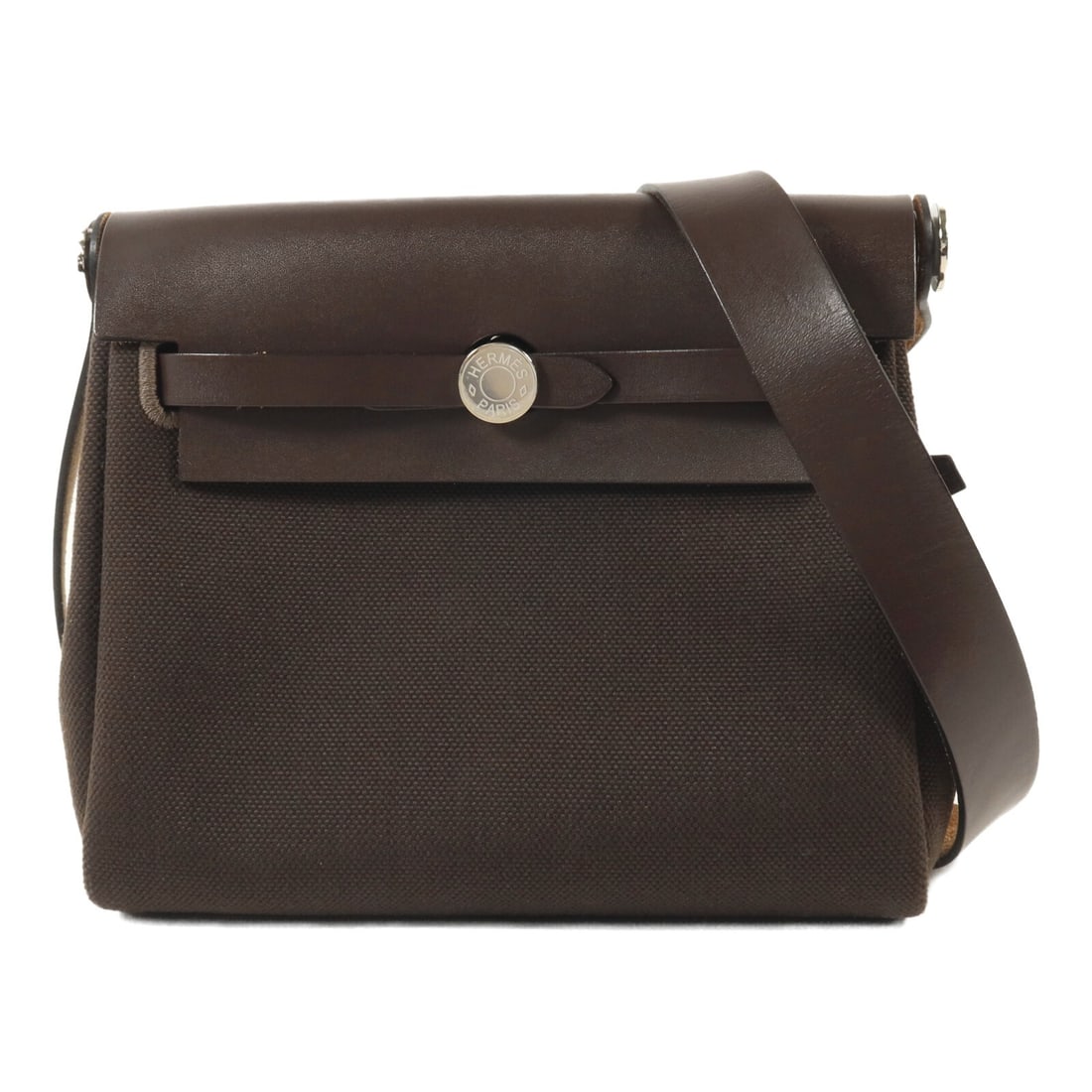 HERMES Mini Herbag Canvas Shoulder Bag Ebene Brown PHW: HERMES Mini Herbag Canvas Shoulder Bag Ebene Brown PHW Hermes PHW Mini Herbag Shoulder Canvas Ebene in very good AB condition. This women's shoulder bag is made of canvas and features a brown Ebene x 