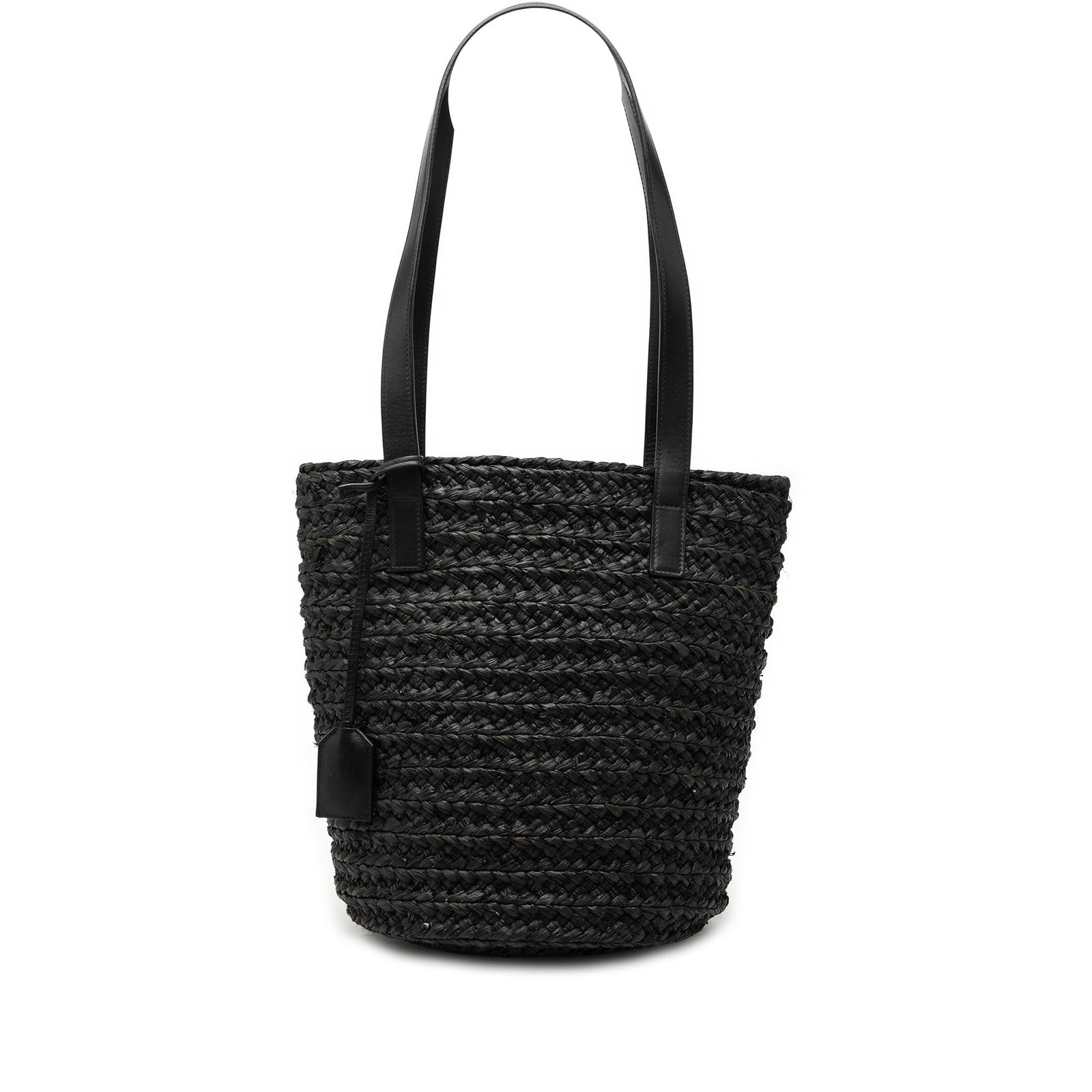 Saint Laurent Panier Small Raffia Tote Bag Black: Saint Laurent Panier Small Raffia Tote Bag Black Saint Laurent Small Raffia Panier Tote made in Italy. This bag features a raffia body, flat leather handles, an open top, and an interior zip pocket. I