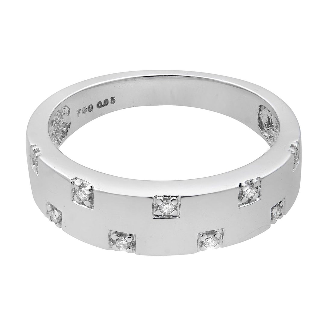 Rachel Koen 18K White Gold Diamond Band Ring 0.05Cttw Size 7: Rachel Koen 18K White Gold Diamond Band Ring 0.05Cttw Size 7 This elegant and classic band ring is crafted from 18K white gold, featuring a stunning array of 9 round brilliant cut diamonds with a tota
