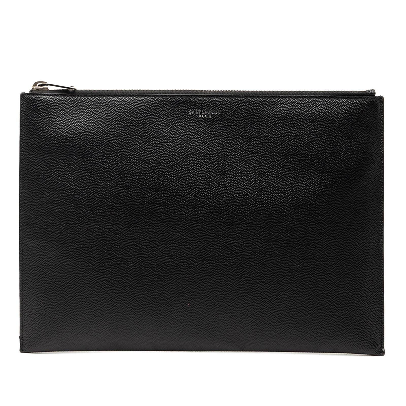 Saint Laurent black leather zip clutch with dust bag and box: Saint Laurent black leather zip clutch with dust bag and box This Saint Laurent Grain De Poudre Zip Clutch is crafted from black leather and features a sleek silhouette with a top zip closure. The int