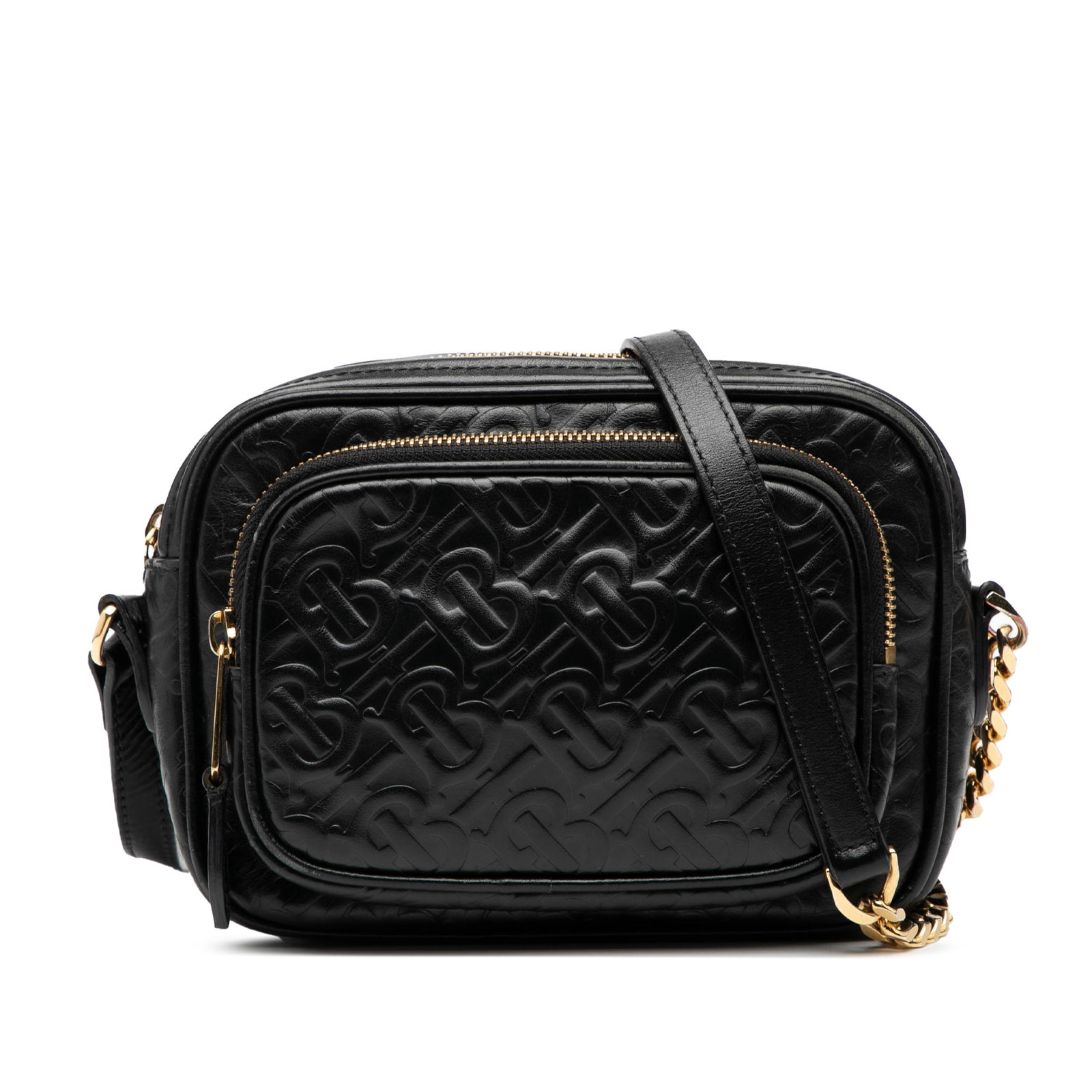 Burberry Black Leather TB Monogram Embossed Camera Crossbody Bag: Burberry Black Leather TB Monogram Embossed Camera Crossbody Bag This Burberry crossbody bag features an embossed leather body with the signature TB Monogram design. It is equipped with a gold-tone cu